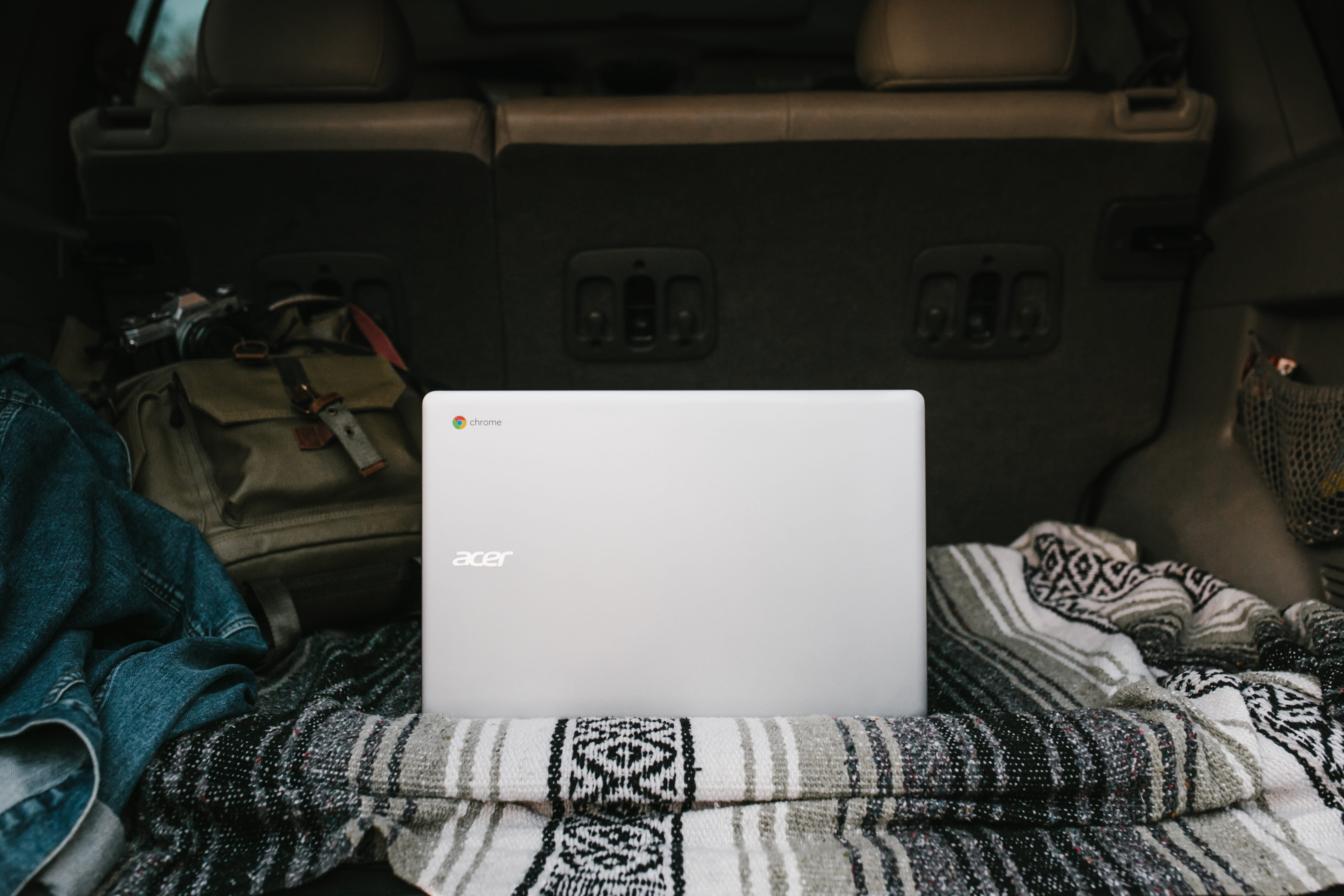 bed, vehicle interior, laptop, computer, indoors, day, one person, furniture, travel ready, technology, denim jacket, explore, communication, google chromebook, HD Wallpaper