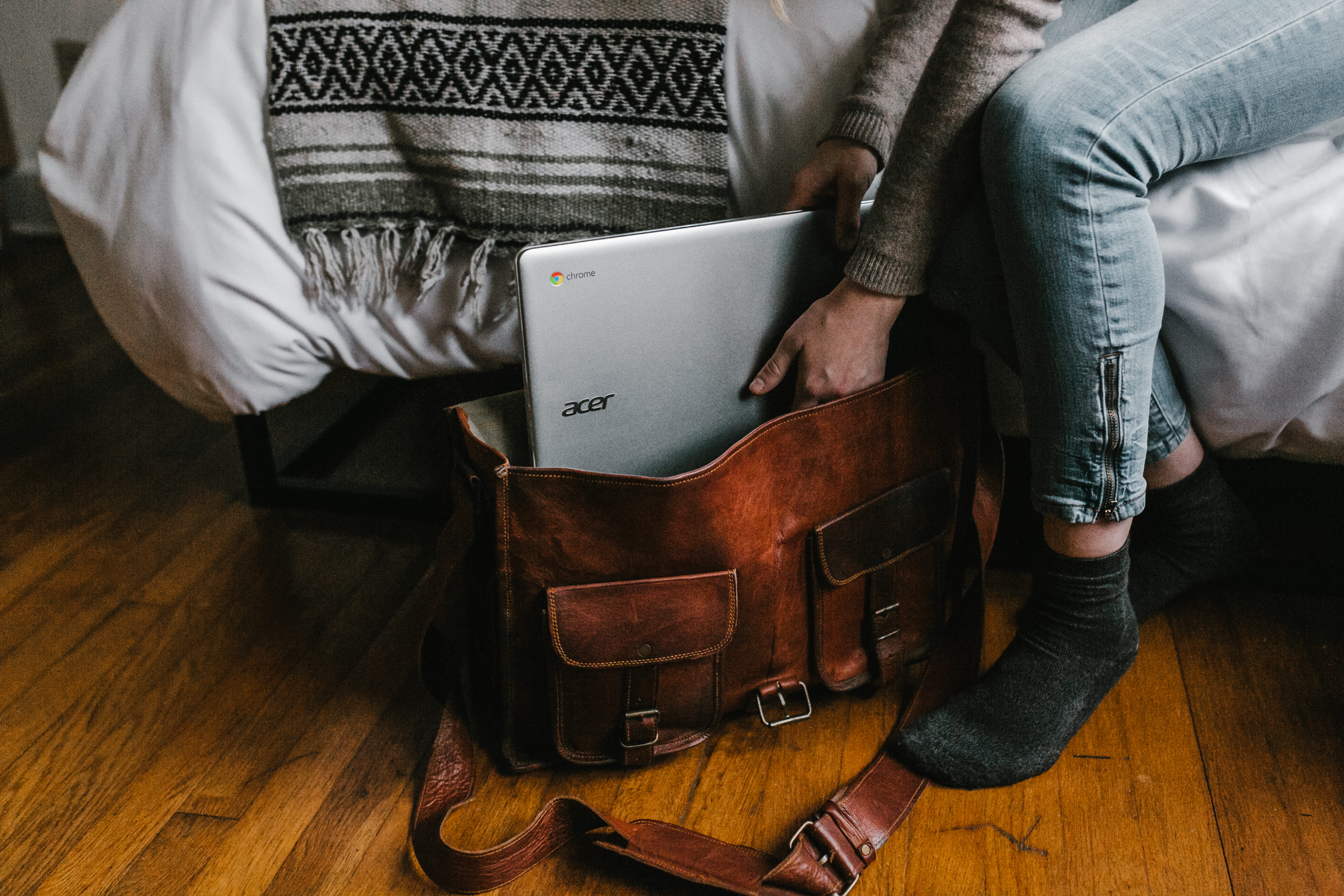 brown, remote, silver, laptop, google, floor, woman, leather, adult, 5K, google chromebook, female, satchel, indoors, wood, hardwood floor, bed, human body part, HD Wallpaper