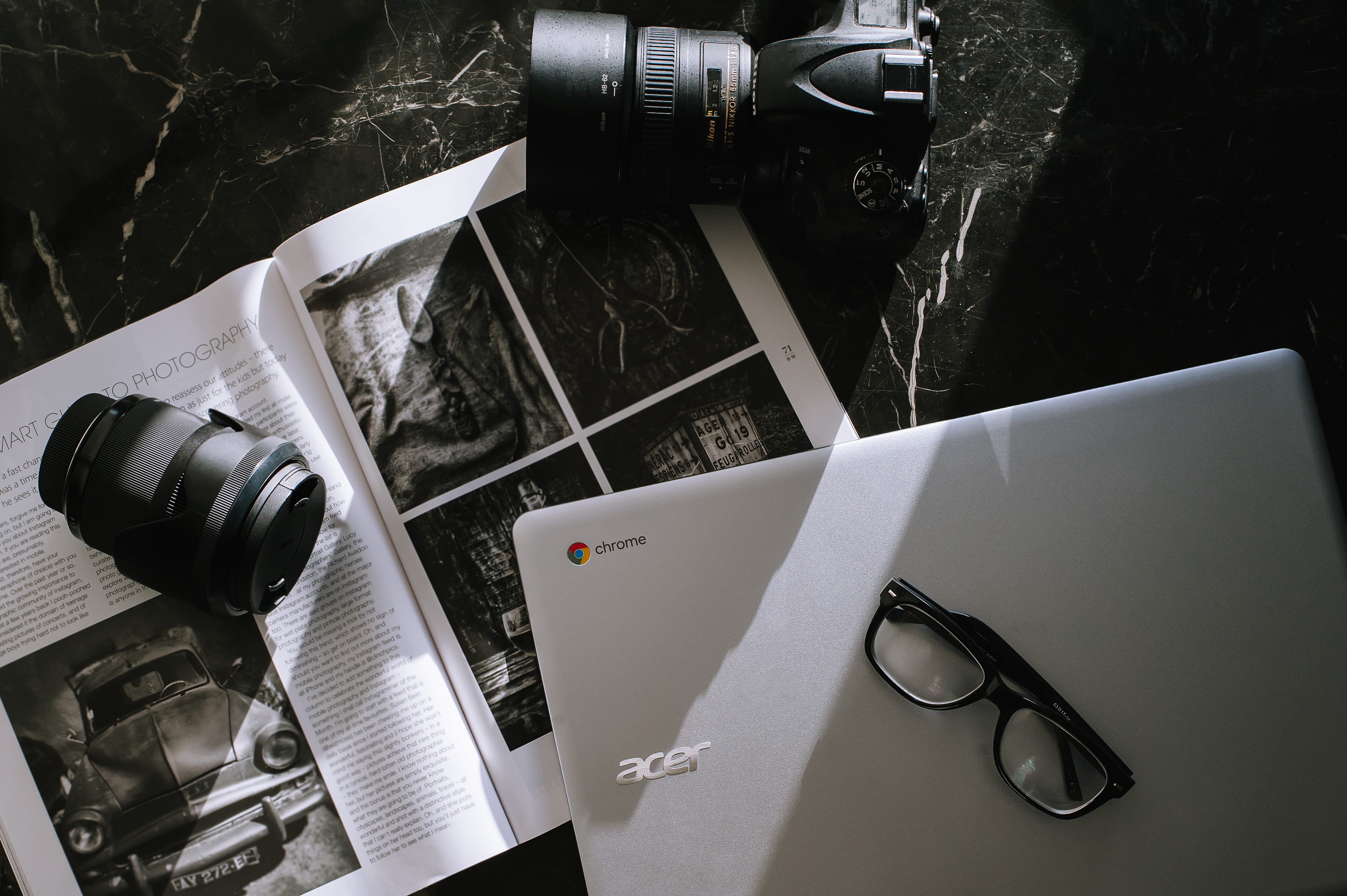 create, photography themes, eyeglasses, high angle view, chromebook, communication, still life, google chromebooks, camera - photographic equipment, modern, HD Wallpaper