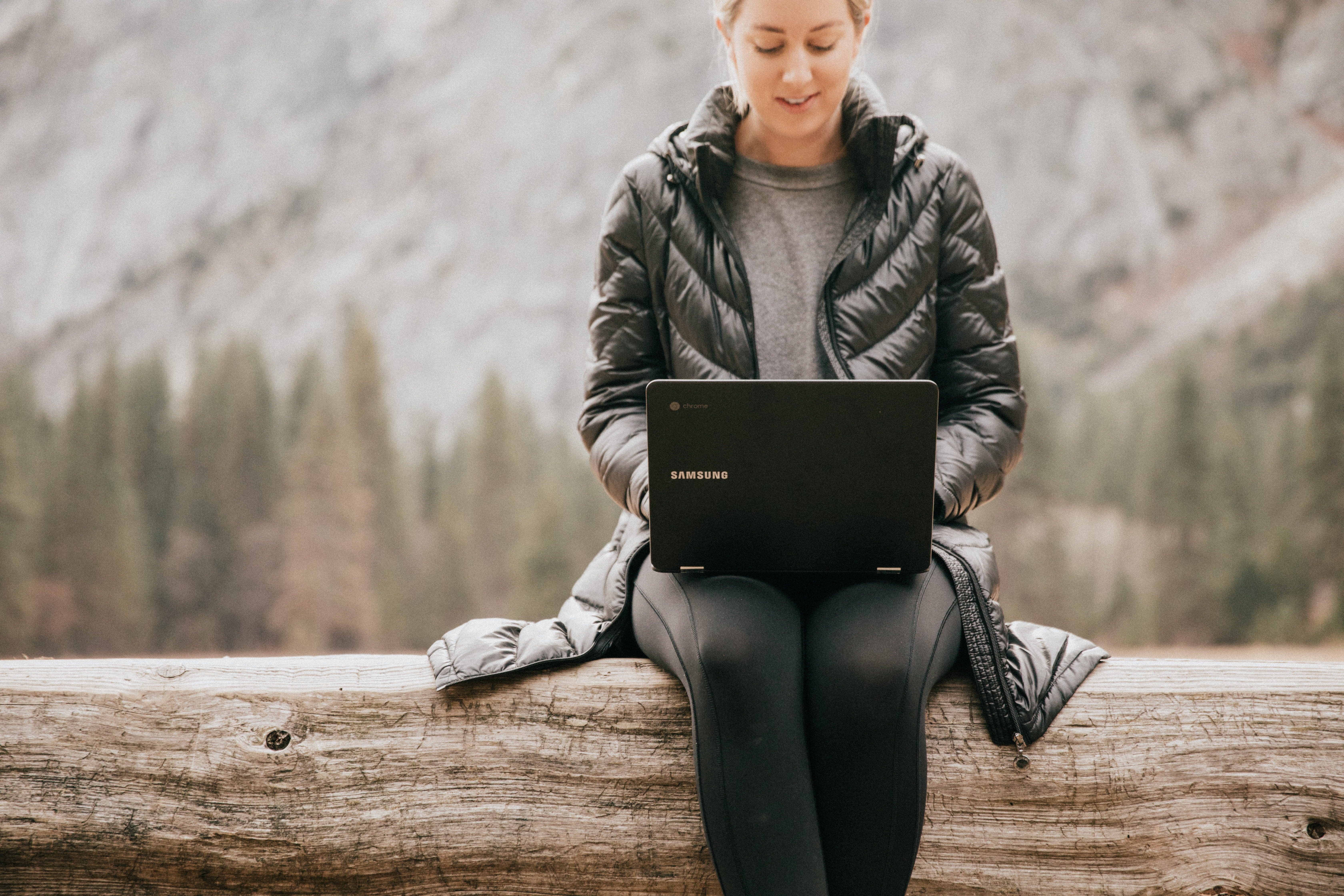 day, mid adult, adult, three quarter length, samsung, computer, google chromebooks, holding, 5K, outdoors, laptop, young adult, nature, woman, women, standing, HD Wallpaper