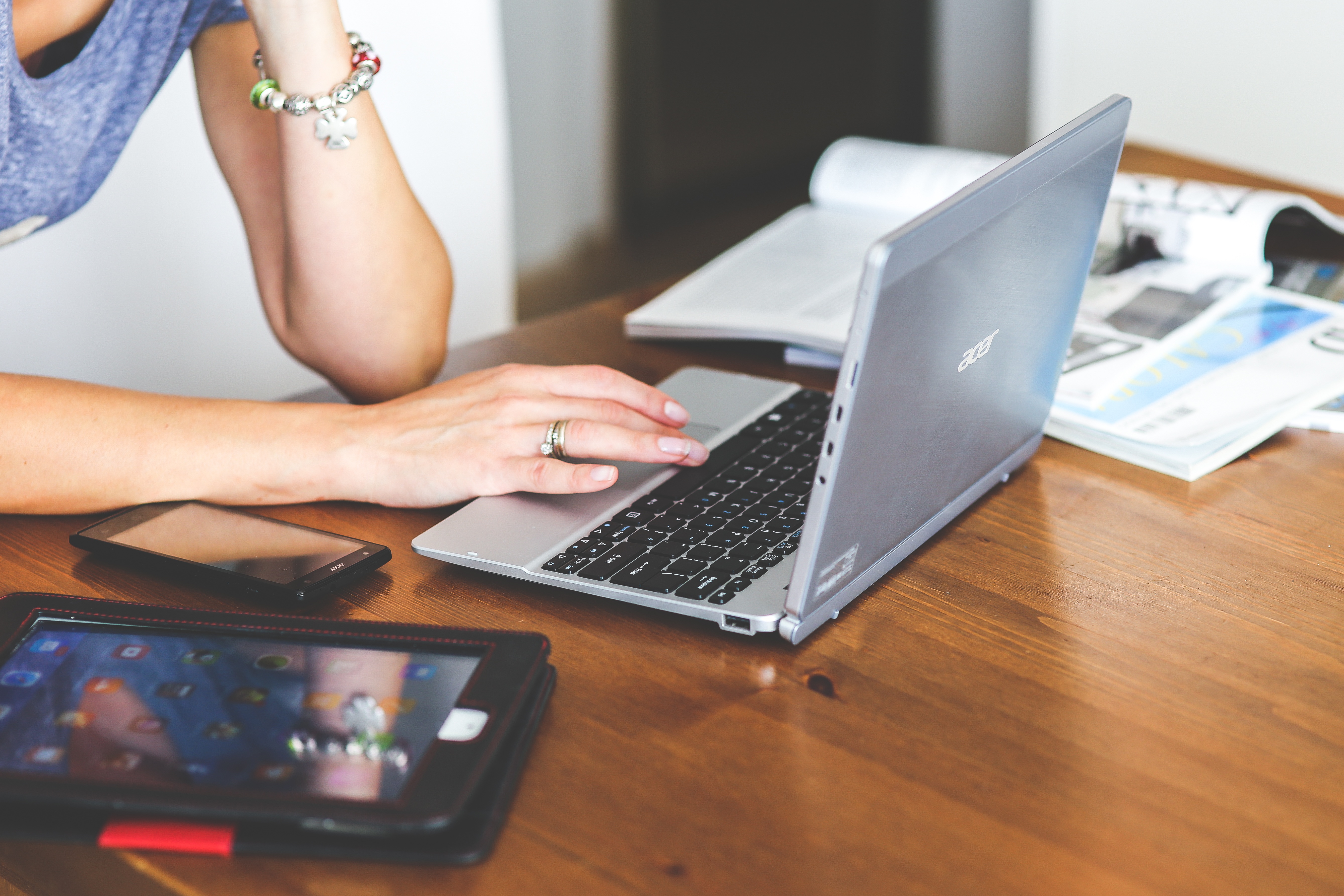 workspace, laptop, women, keyboard, netbook, human hand, cell phone, using laptop, lifestyles, working, typing, using, communication, acer, connection, HD Wallpaper