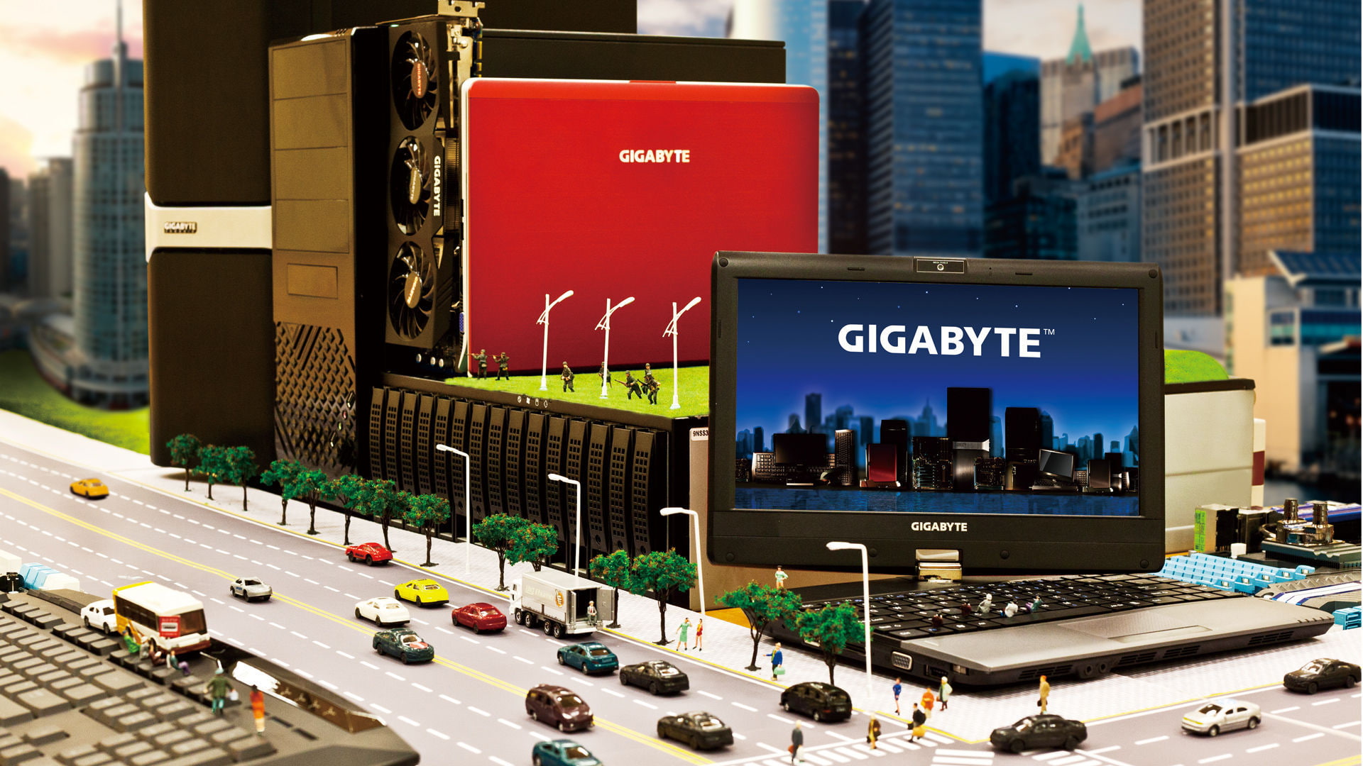 the city, 1080P, trees, netbook, doll, street, GIGABYTE, machine, HD Wallpaper
