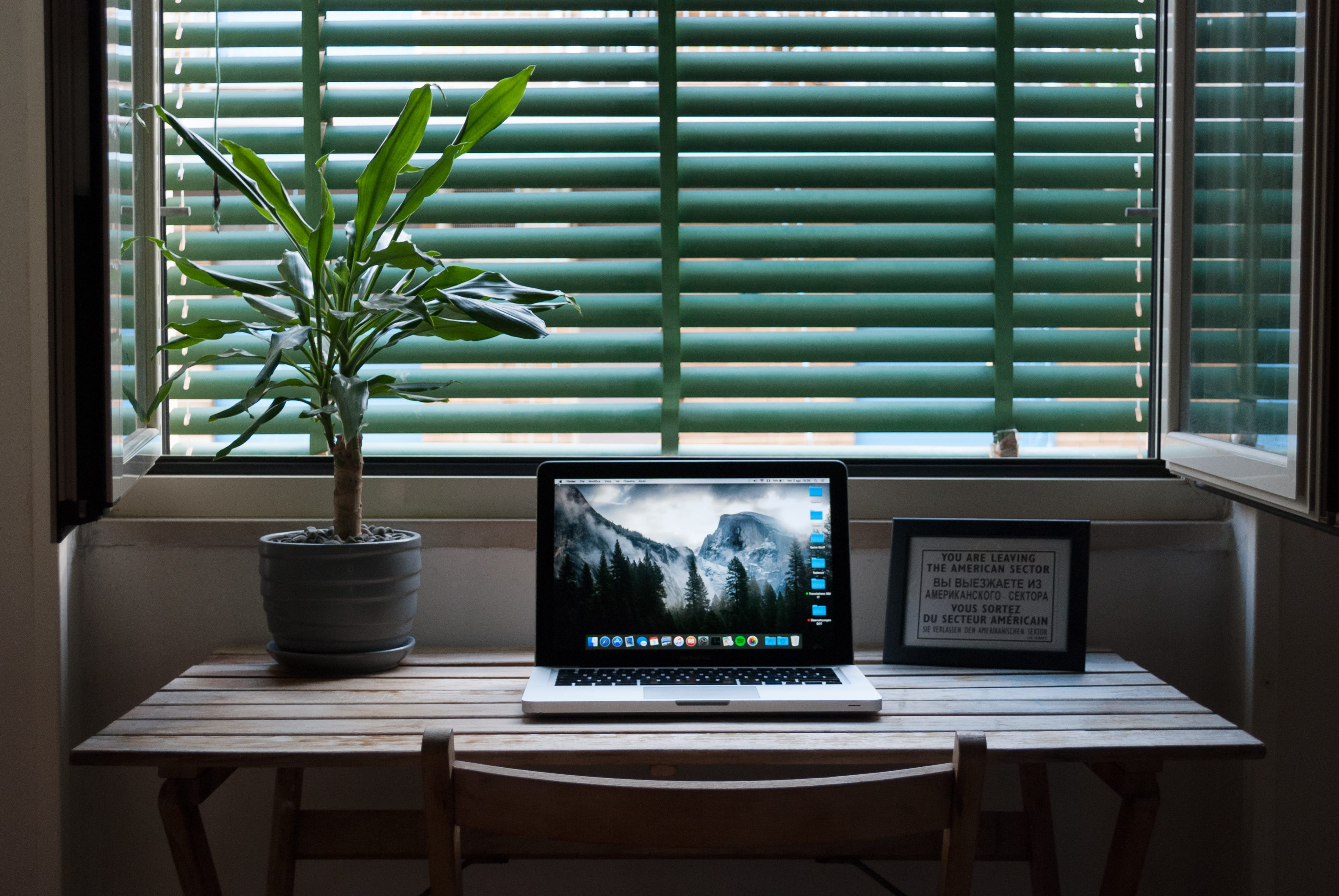 photo, wall - building feature, growth, table, laptop, next, macbook, nature, indoors, air, transparent, workspace, technology, wooden table, plant, picture frame, HD Wallpaper