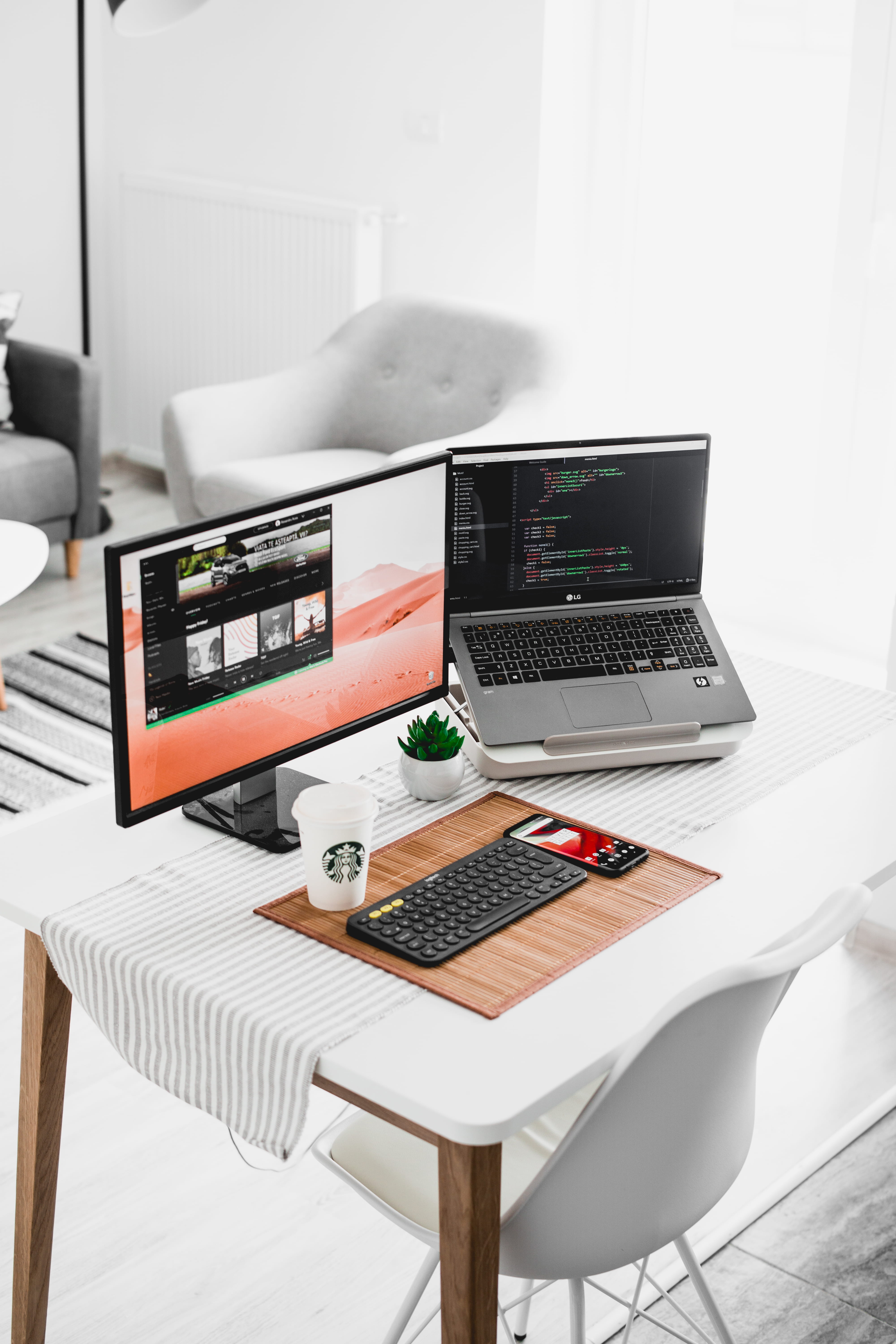 white, laptop, monitor, computer, table, coffee cup, desk, desk space, connection, home interior, work table, no people, chair, desk setup, technology, Phone HD Wallpaper