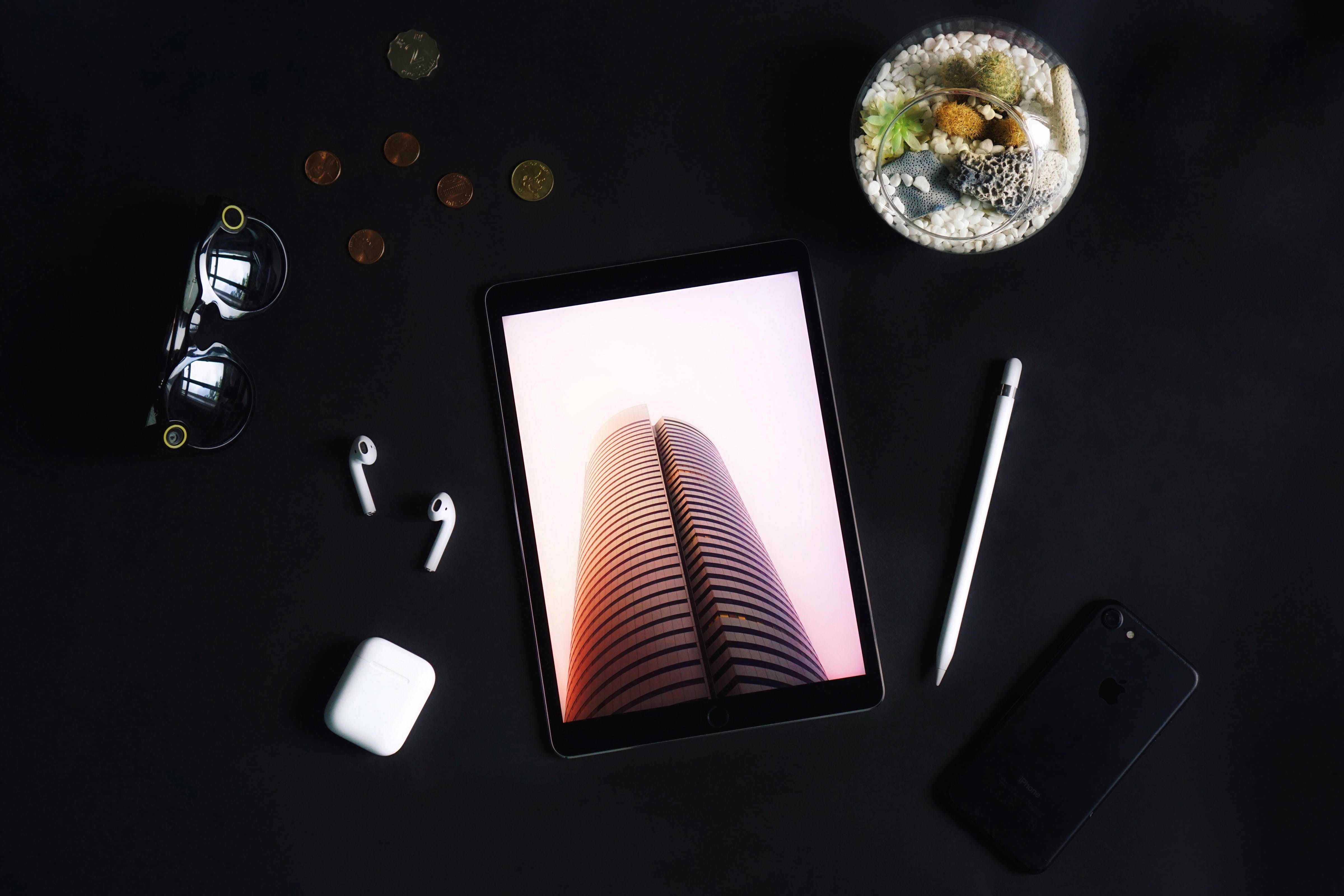 food and drink, high angle view, pencil, black background, communication, illuminated, spectacles, airpods, portable information device, apple, no people, HD Wallpaper