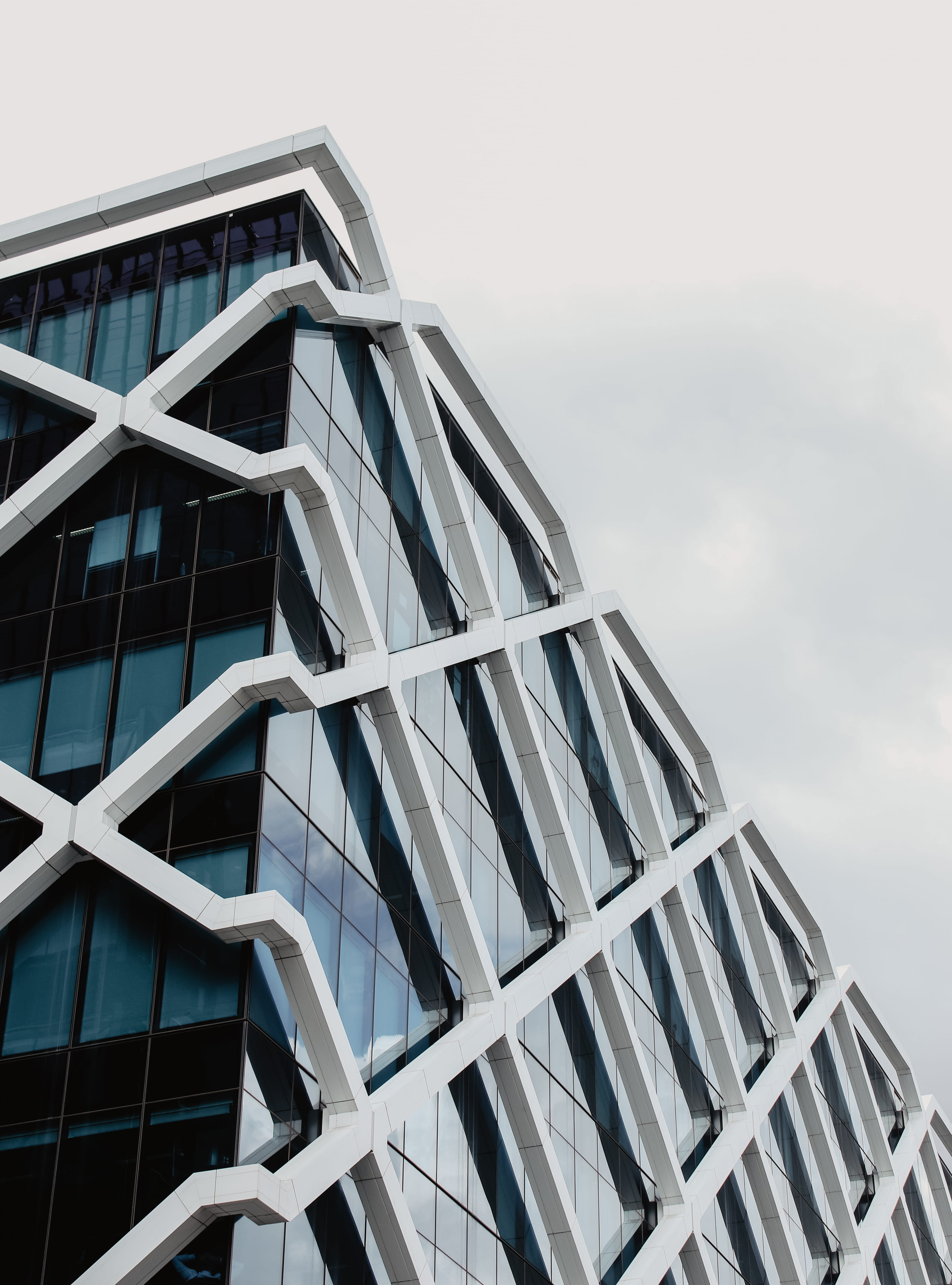 white, housing, skyscraper, light blue, low angle view, aestetic, glass - material, pattern, built structure, design, clear sky, day, no people, architectural, Phone HD Wallpaper