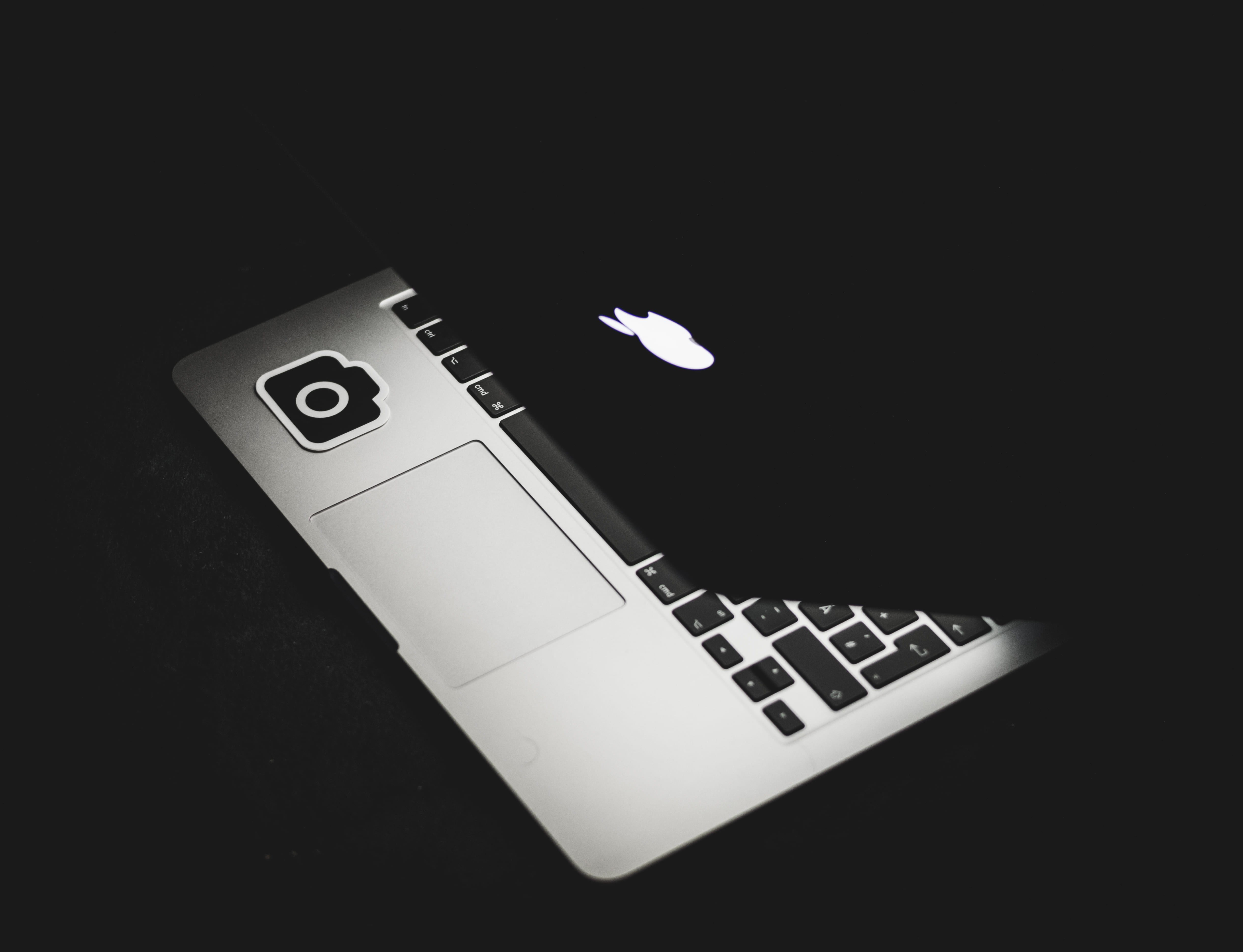computer equipment, computer keyboard, keyboard, black background, opened, computer, close-up, still life, communication, number, macbook, half, 4K, macbook pro, HD Wallpaper