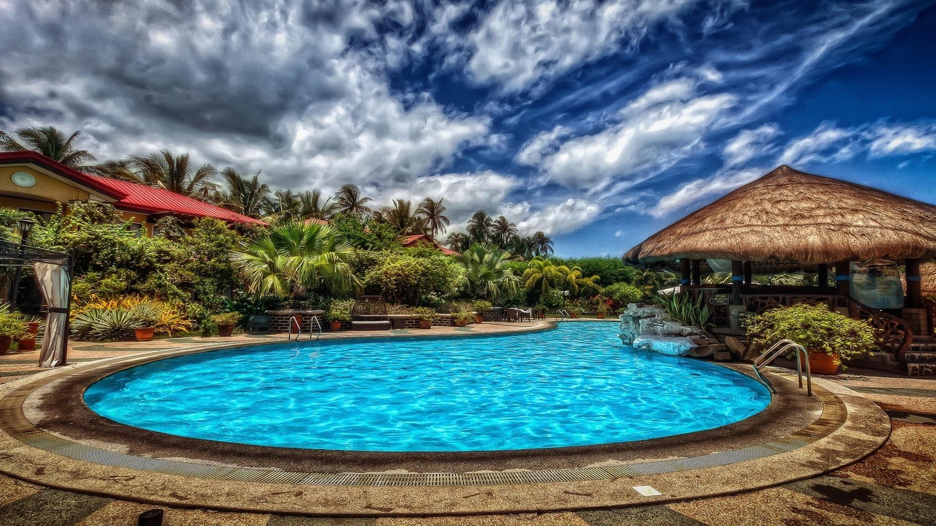 swimming, nature and landscapes, side, pool, round, ground, clouds, hdr, 1080P, palms, HD Wallpaper
