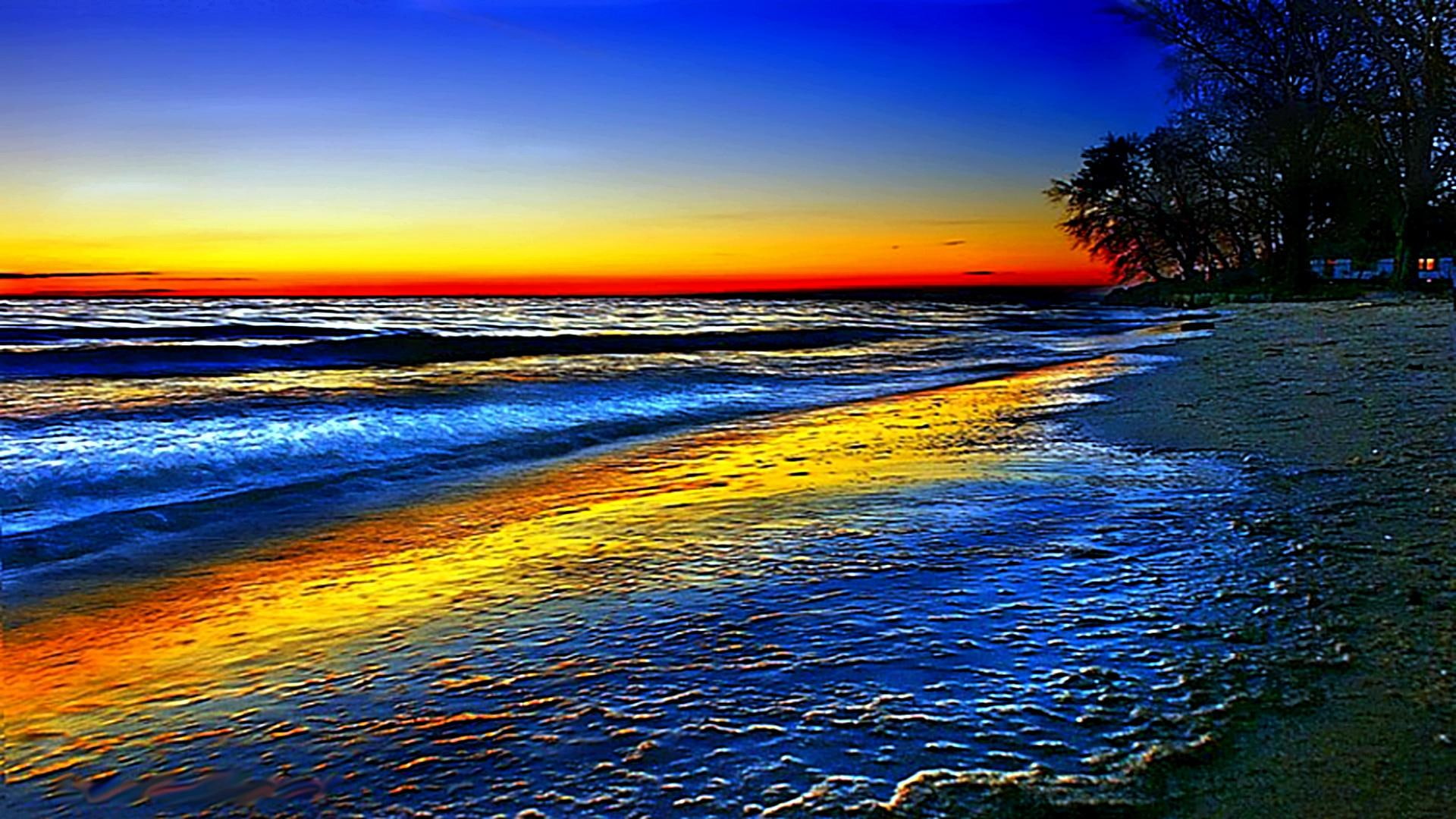 3d and abstract, wave, 1080P, colorful, ocean, beach, rainbow, trees, HD Wallpaper