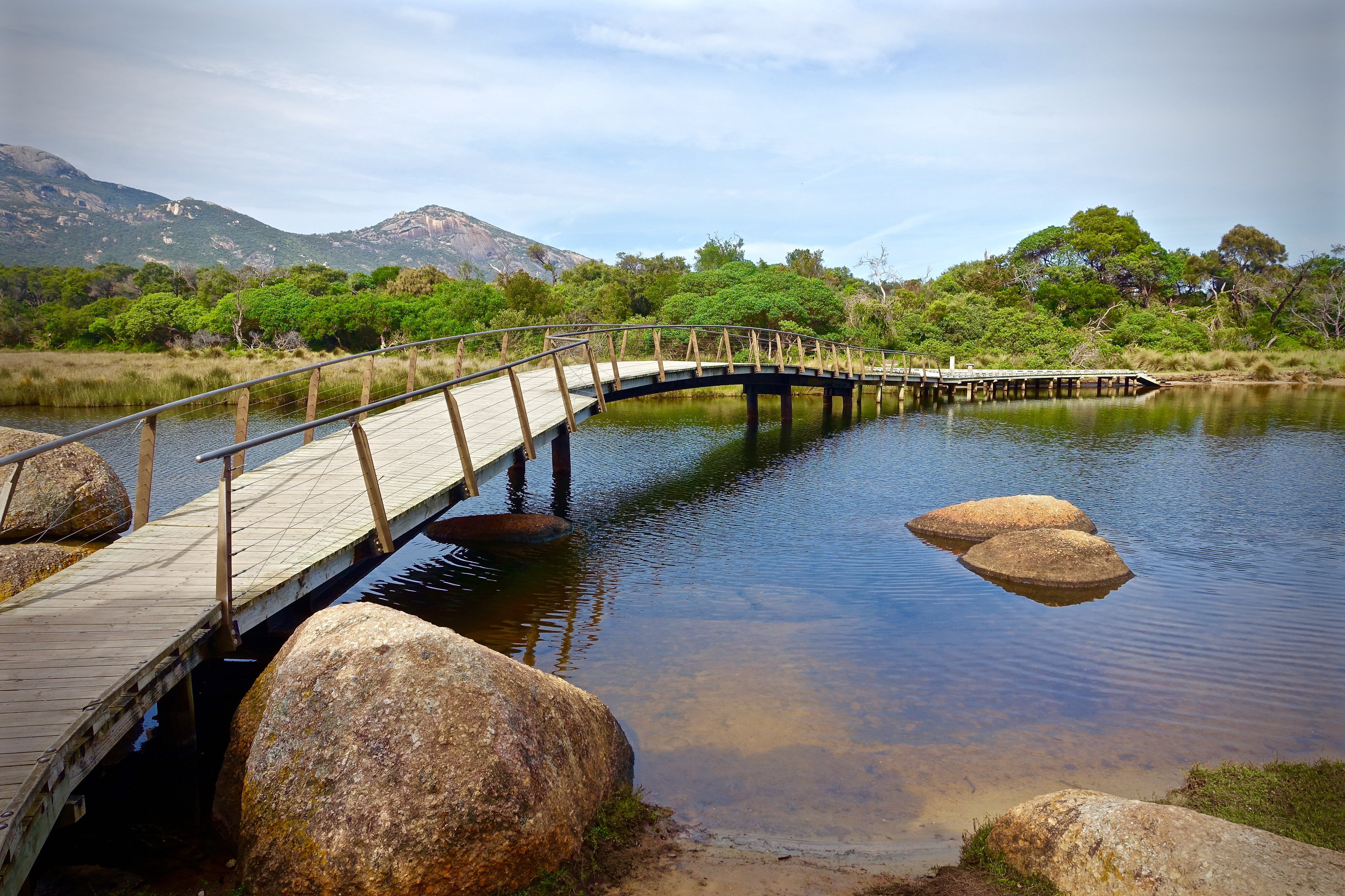 river, scenic, tidal river, bridge, landscape, solid, flowing water, cloud - sky, sky, bridge - man made structure, scenery, nature, wilsons promontory, HD Wallpaper