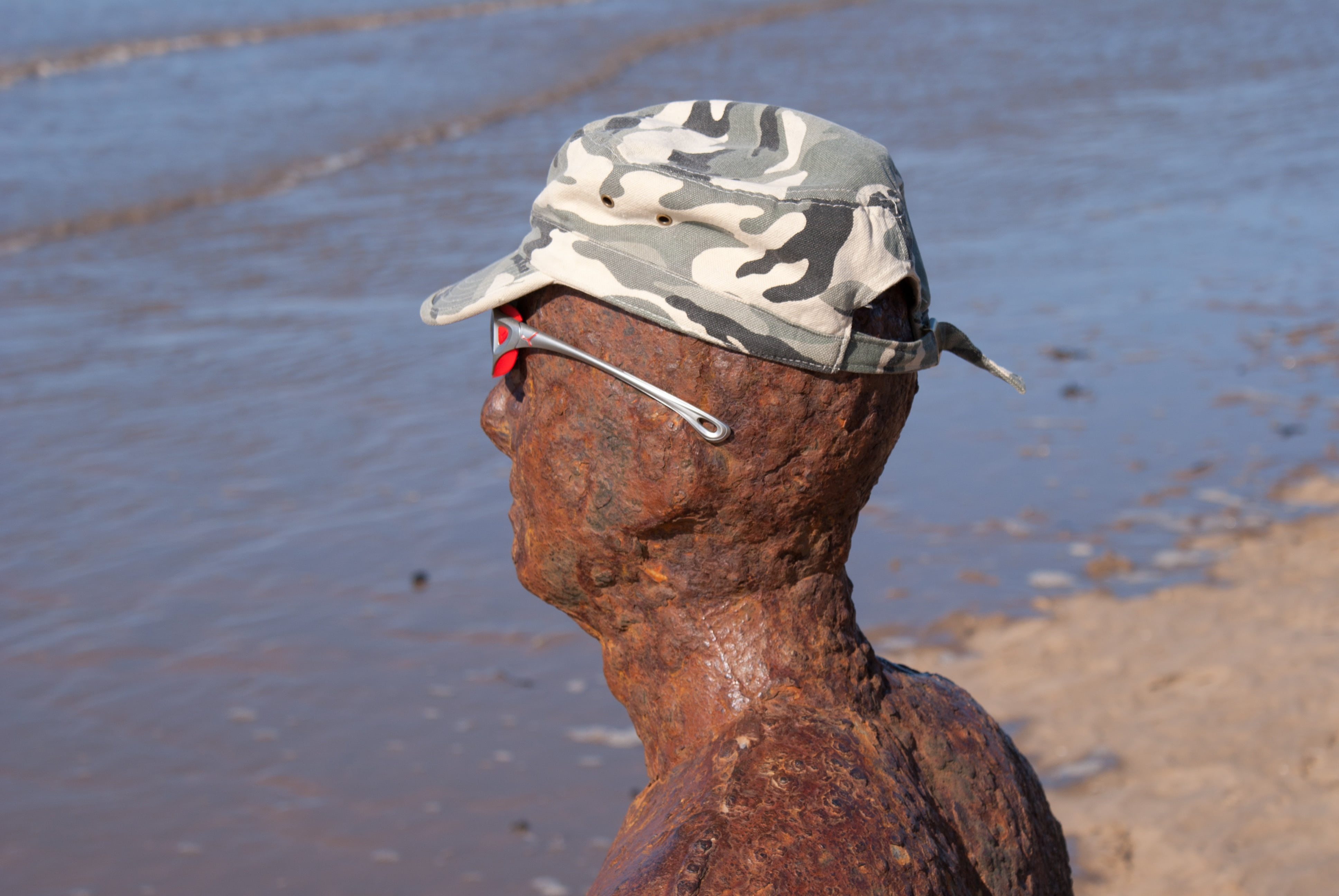 outdoors, beach, one person, plant, another place, side view, focus on foreground, tidal, day, sea, antony gormley, hat, men, nature, land, seaside, 4K, HD Wallpaper