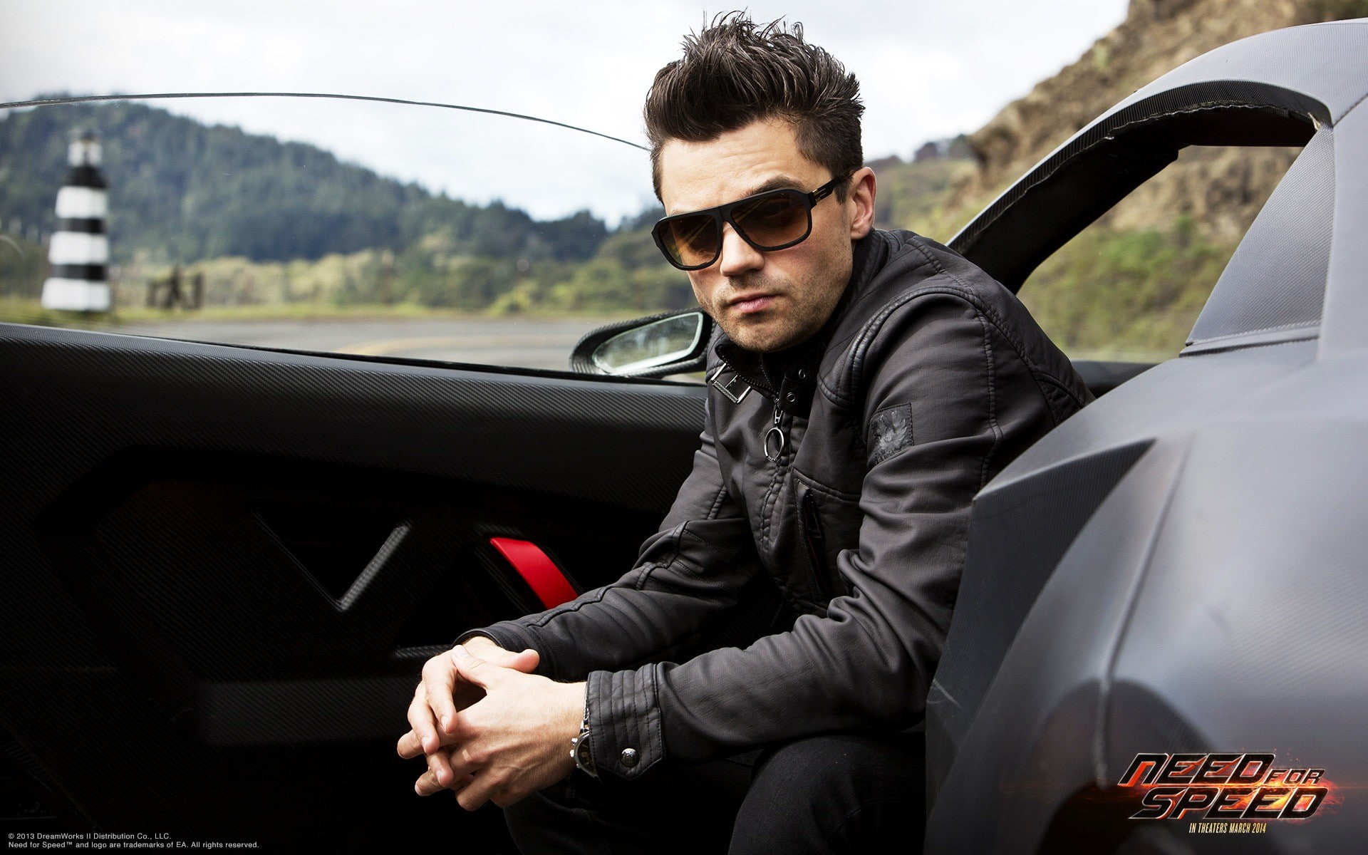 glasses, sunglasses, Need for speed, sitting, leather jacket, 1080P, fashion, day, men, Dominic cooper, mode of transportation, young adult, transportation, HD Wallpaper