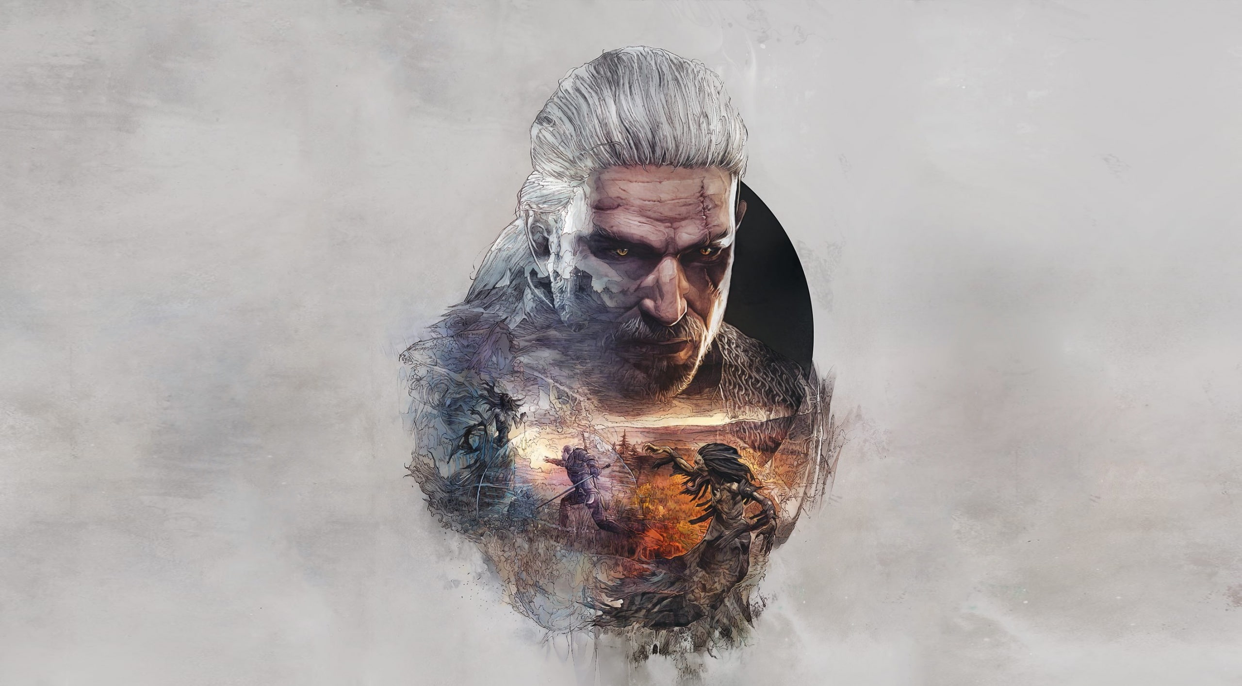 bizarre, studio shot, The Witcher, front view, Game, gray background, wild, digital, fanart, smoke - physical structure, one person, digital composite, HD Wallpaper