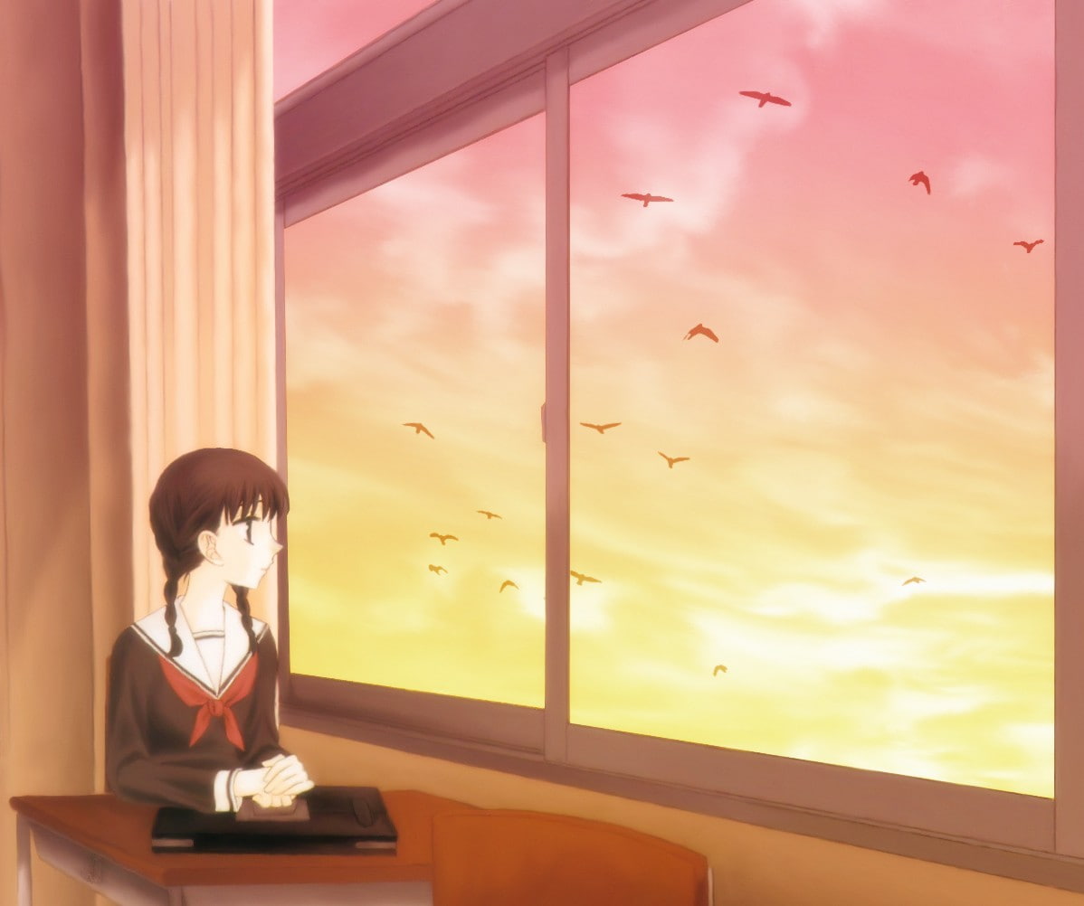 women, looking, contemplation, transparent, 480P, casual clothing, indoors, glass - material, cloud - sky, one person, sitting, sky, anime girls, students, HD Wallpaper
