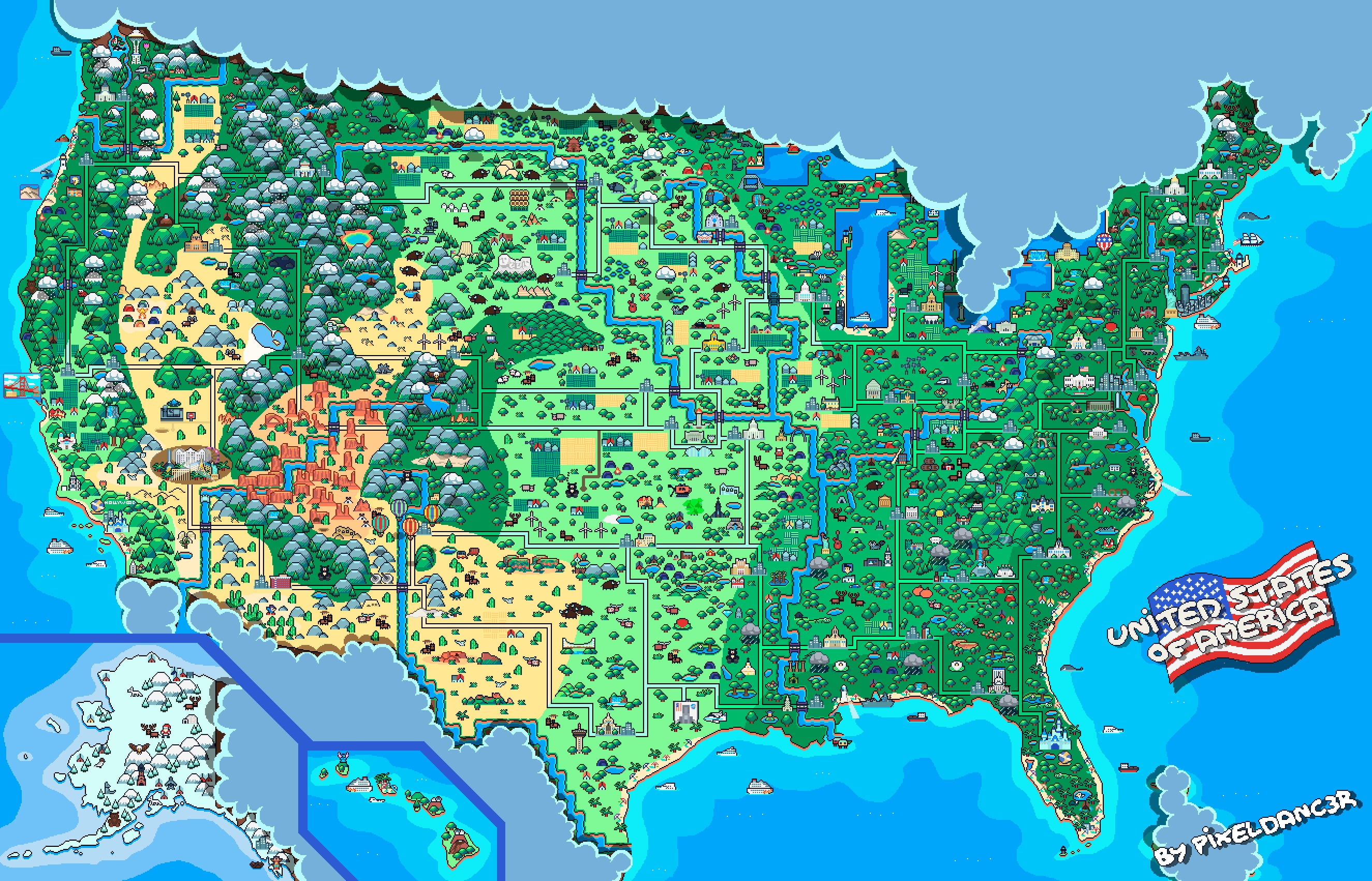 USA, Pixel Art, Map, 2K, Artistic, HD Wallpaper