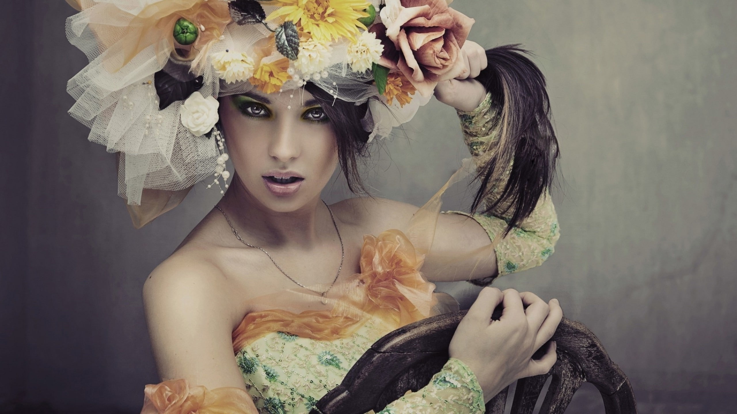 women model hair pulling yellow eyes, hairstyle, clothing, people, beauty, 2K, headdress, indoors, portrait, beautiful woman, make-up, fashion, looking at camera, HD Wallpaper