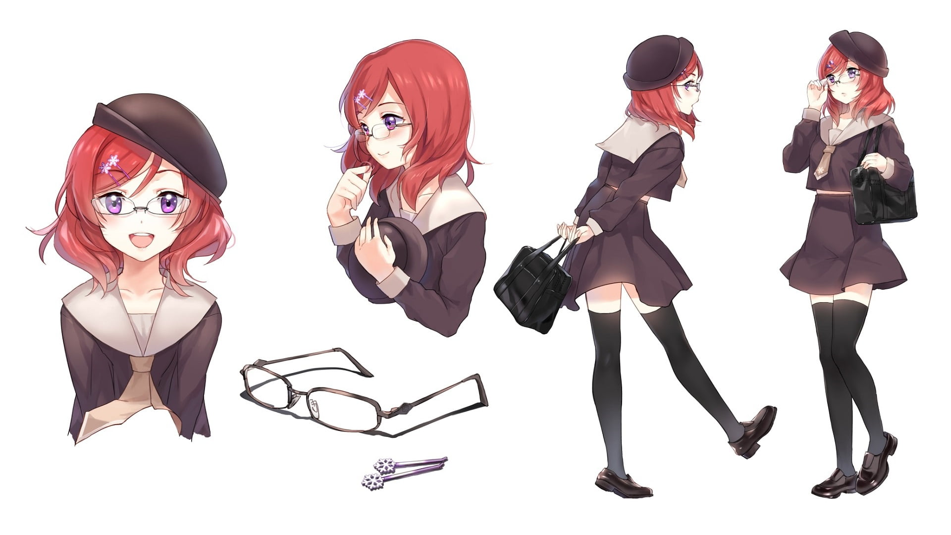 smile, Nishikino Maki, pulls, by Sheska Xue, schoolgirl, barrette, black stockings, glasses, 1080P, sailor, red hair, bag, Love Live! School Idol Project, HD Wallpaper