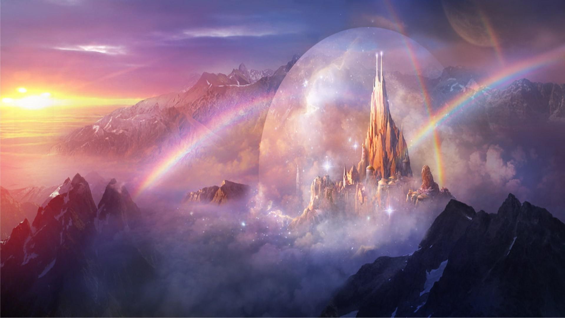 cloud, mountain, castle, sparkle, 1920x1080, 1080P, rainbow, illustration, rainbows, fantasy, HD Wallpaper