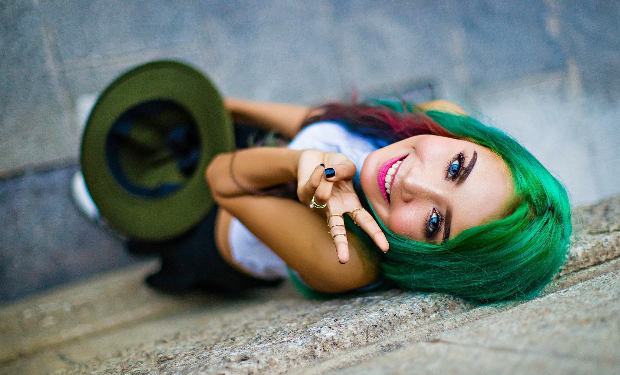 green hair, face, women, eyes, painted nails, dyed hair, blue eyes, rings, portrait, depth of field, 1080P, model, hat, smiling, looking at viewer, long, HD Wallpaper