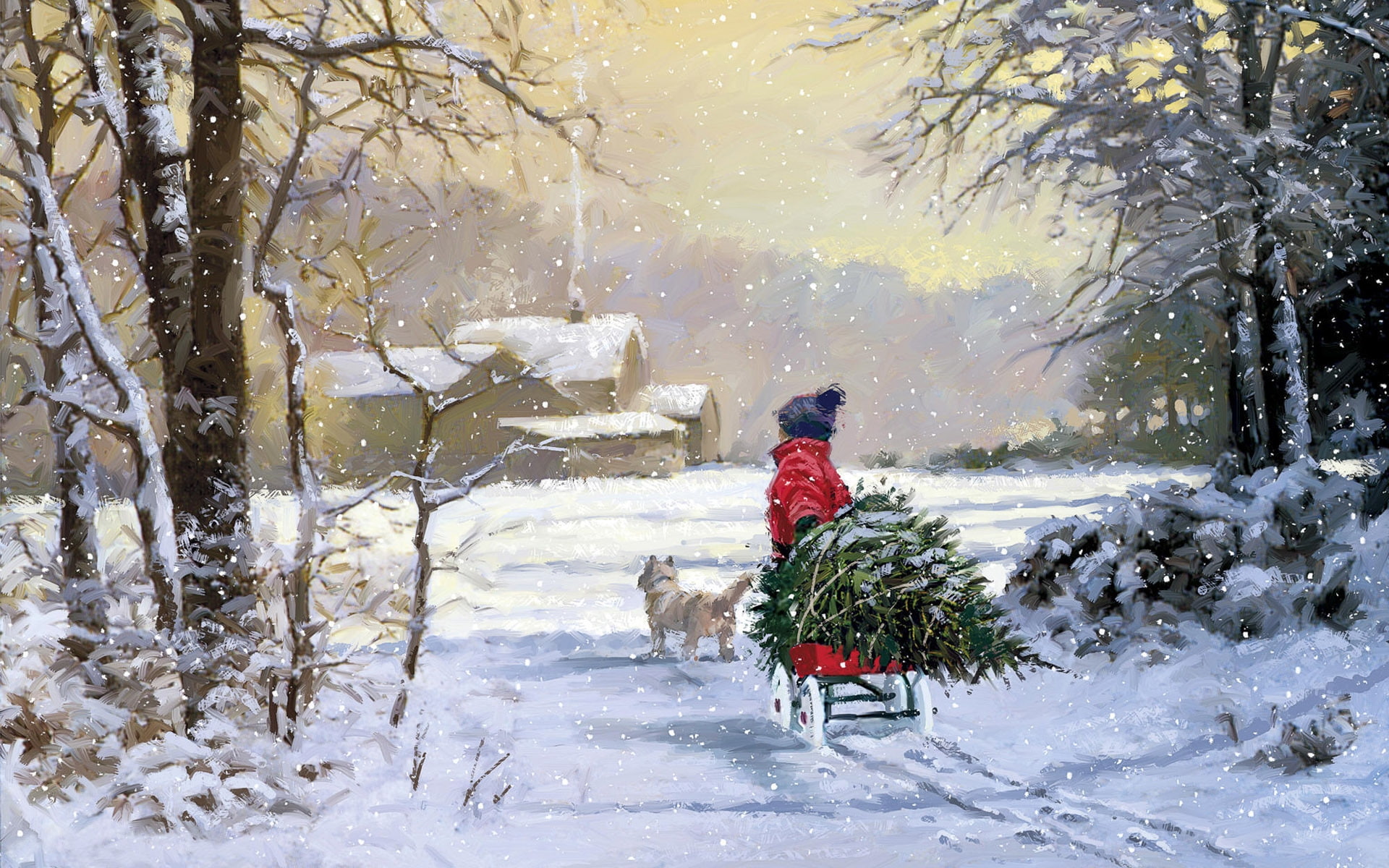 painting, drawing, beside, 1080P, cart, tree, holiday, snow, puppy, pulling, green, preparing, winter, christmas, person, HD Wallpaper