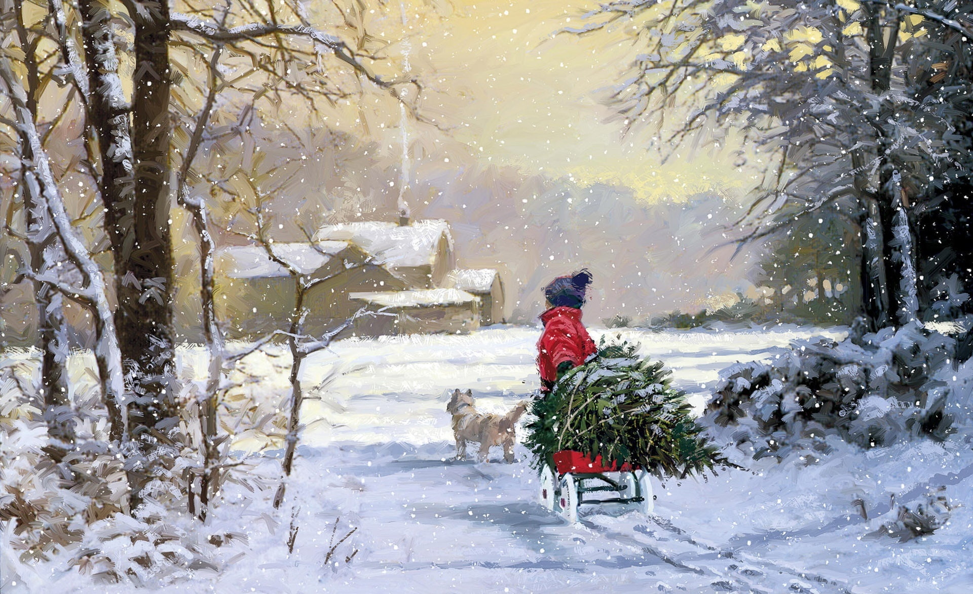 extreme weather, rear view, winter scenes, outdoors, tree, carrying, Painting, land, warm clothing, snow, clothing, full length, Seasons, real people, men, HD Wallpaper
