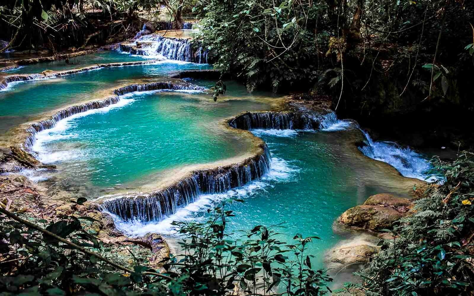 waterfall, pond, 720P, Laos, nature, landscape, terraces, shrubs, foliage, HD Wallpaper