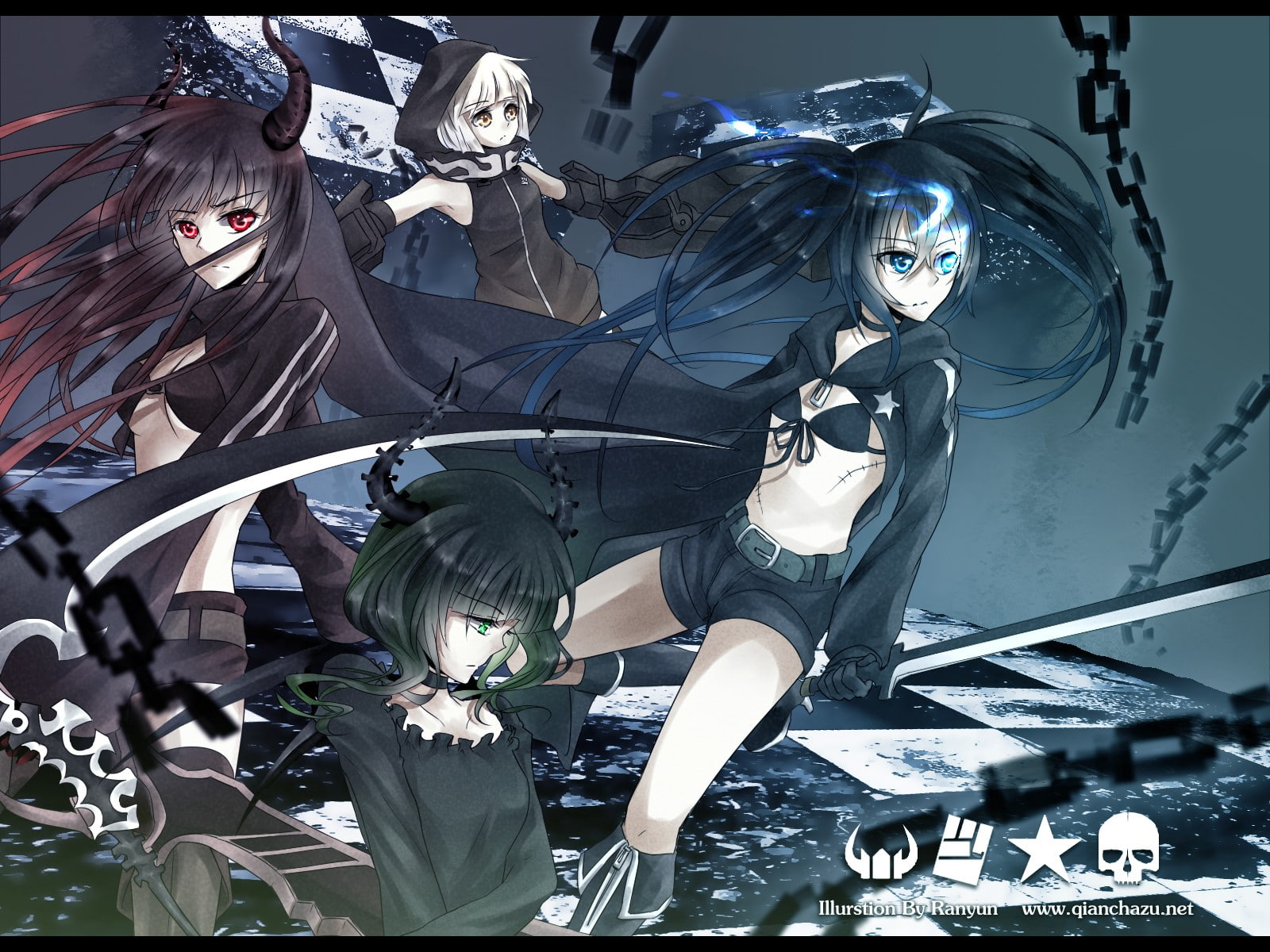 720P, horns, gold, blue, anime, red, white, chains, girls, hair, weapons, dead, master, green, rock, eyes, shooter, scythe, strength, black, HD Wallpaper