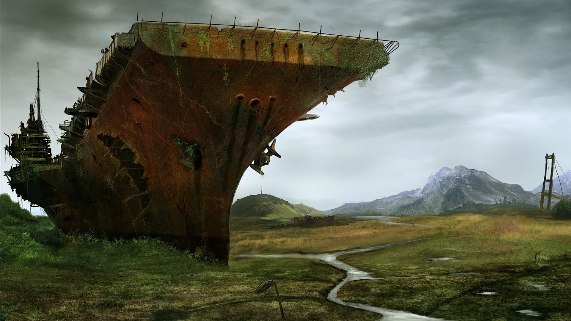 artwork, land, plant, scenics - nature, environment, no people, sky, range, mode of transportation, day, apocalyptic, mountain, brown, outdoors, tranquil scene, HD Wallpaper