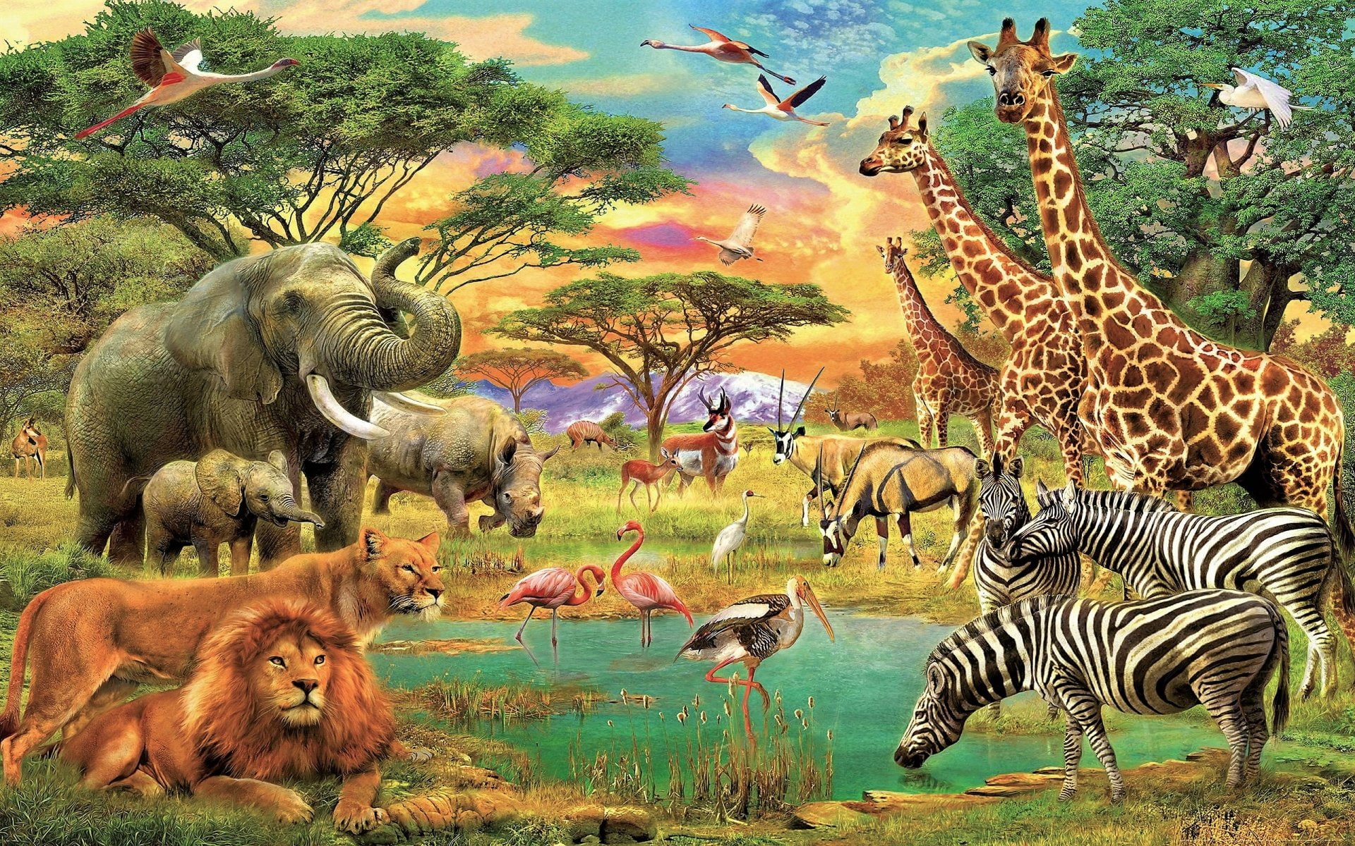 Lion, Elephant, Artistic, Bird, Zebra, Tree, Giraffe, Animal, 1080P, Antelope, Africa, Pond, Flamingo, HD Wallpaper