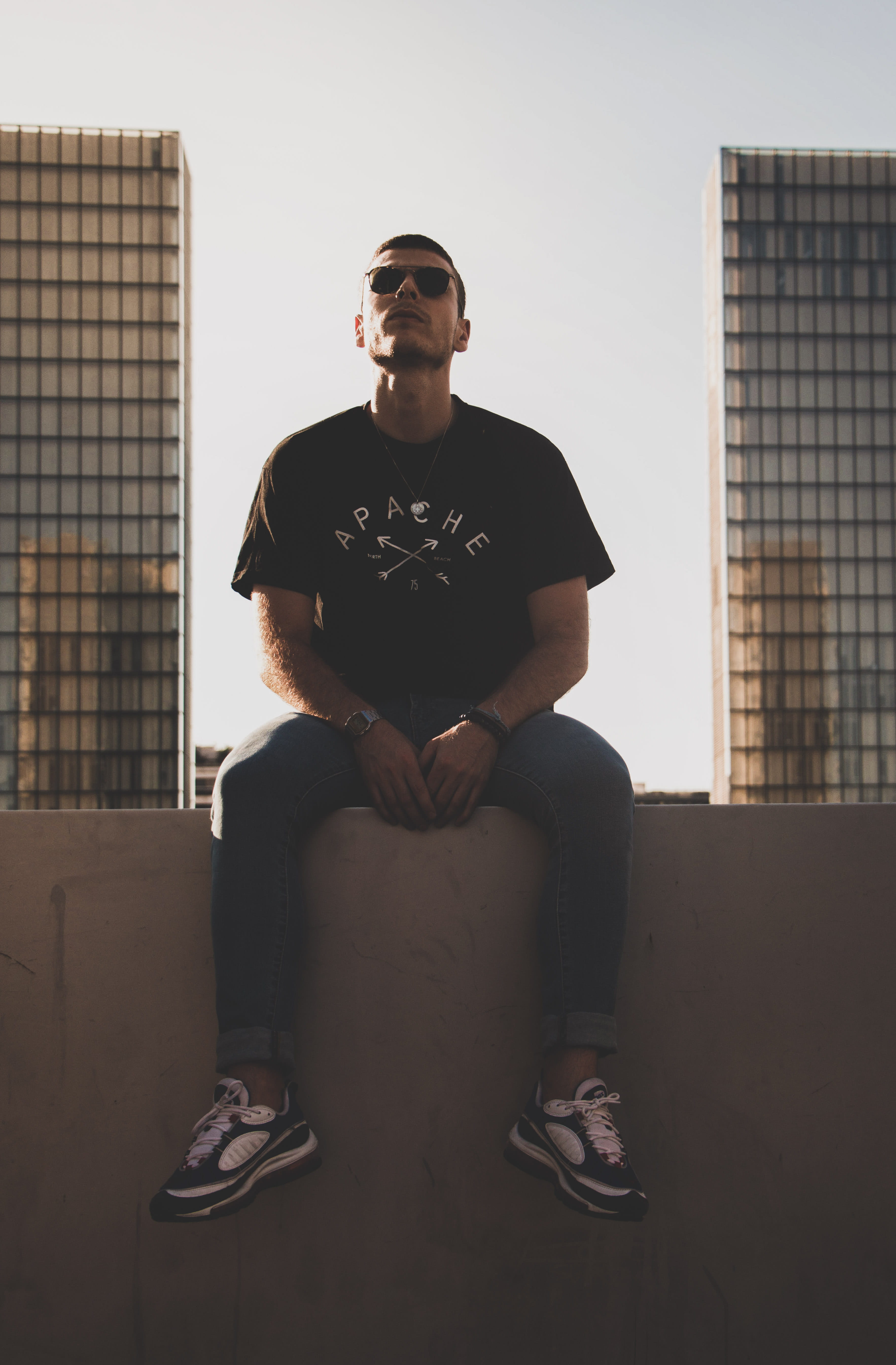 modern, friend, casual clothing, 5K, hard, french, man, wall, sun, sky, outdoors, architecture, leisure activity, paris, dream, fashion, streetwear, young men, Phone HD Wallpaper