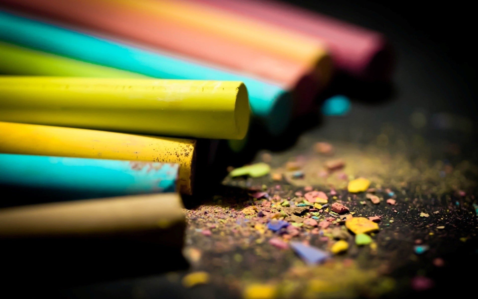creativity, chalk, blurred, selective focus, art and craft equipment, 1080P, paper, no people, day, messy, craft, art and craft, yellow, table, writing instrument, HD Wallpaper