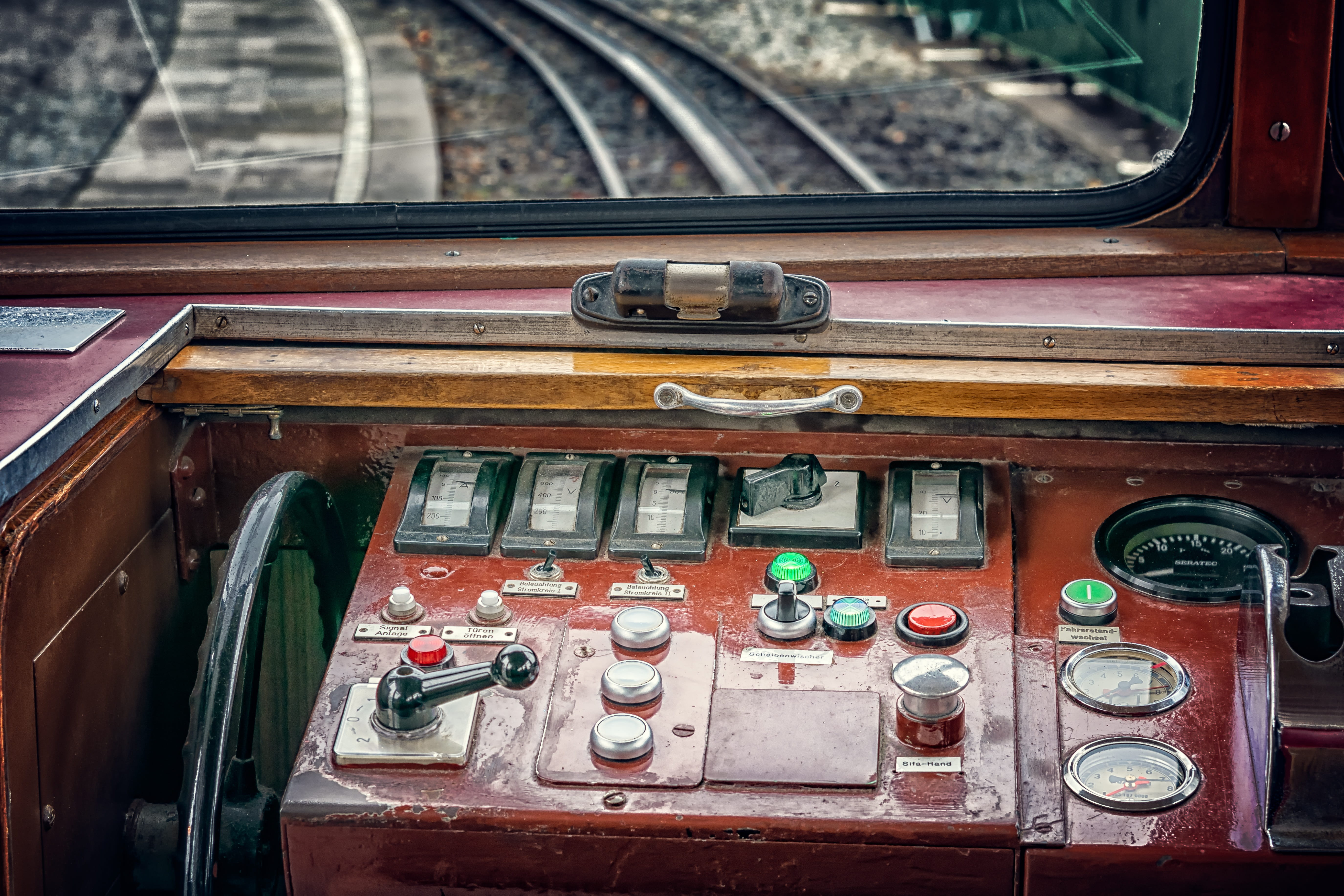 track, control desk, retro styled, rail traffic, switch, transparent, window, day, rail transportation, travel, controller, outdoors, land vehicle, historically, HD Wallpaper