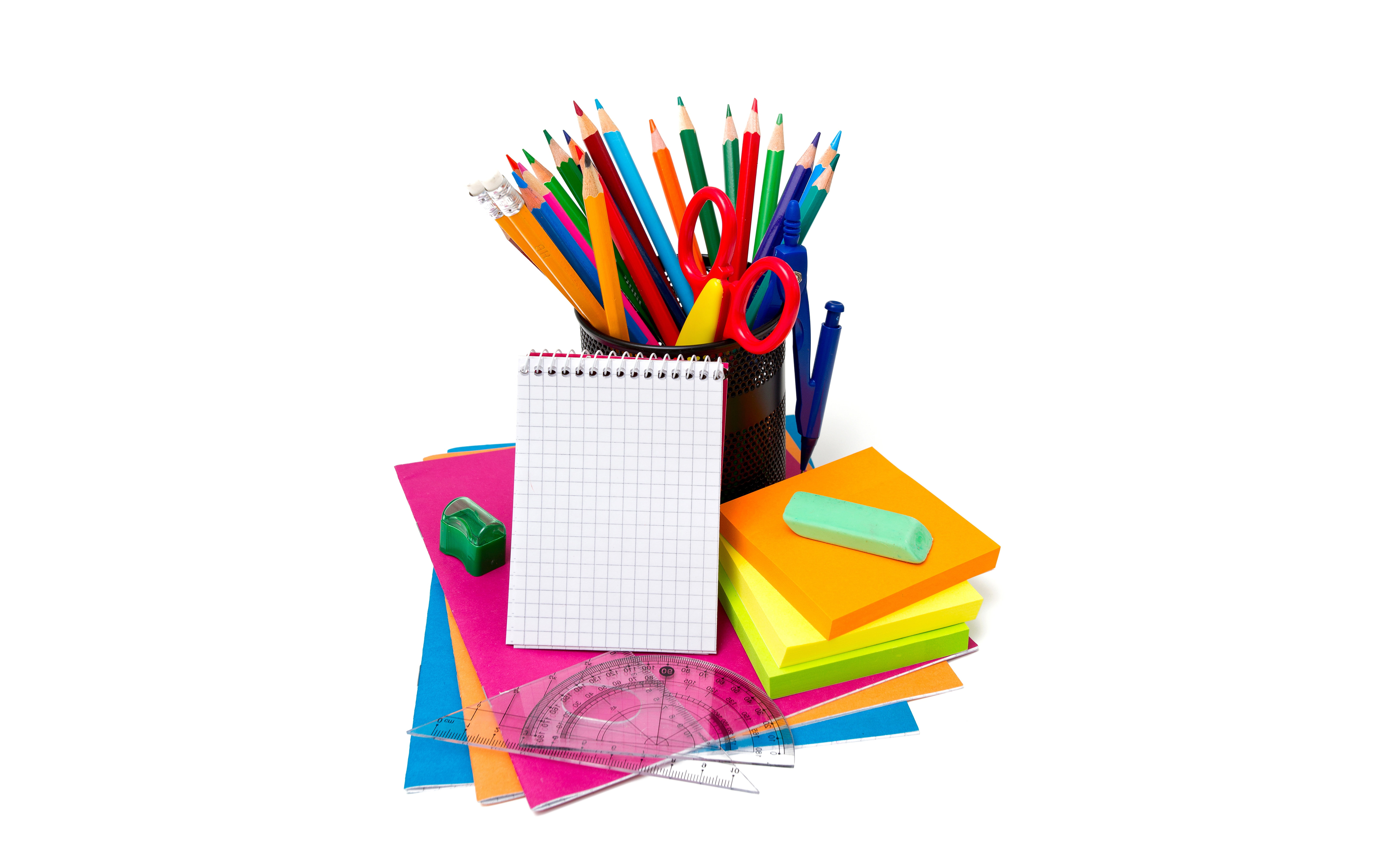 Notepad, the compass, white background, notebook, line, kontselyariya, pencils, sharpener, 5K, paper, scissors, HD Wallpaper