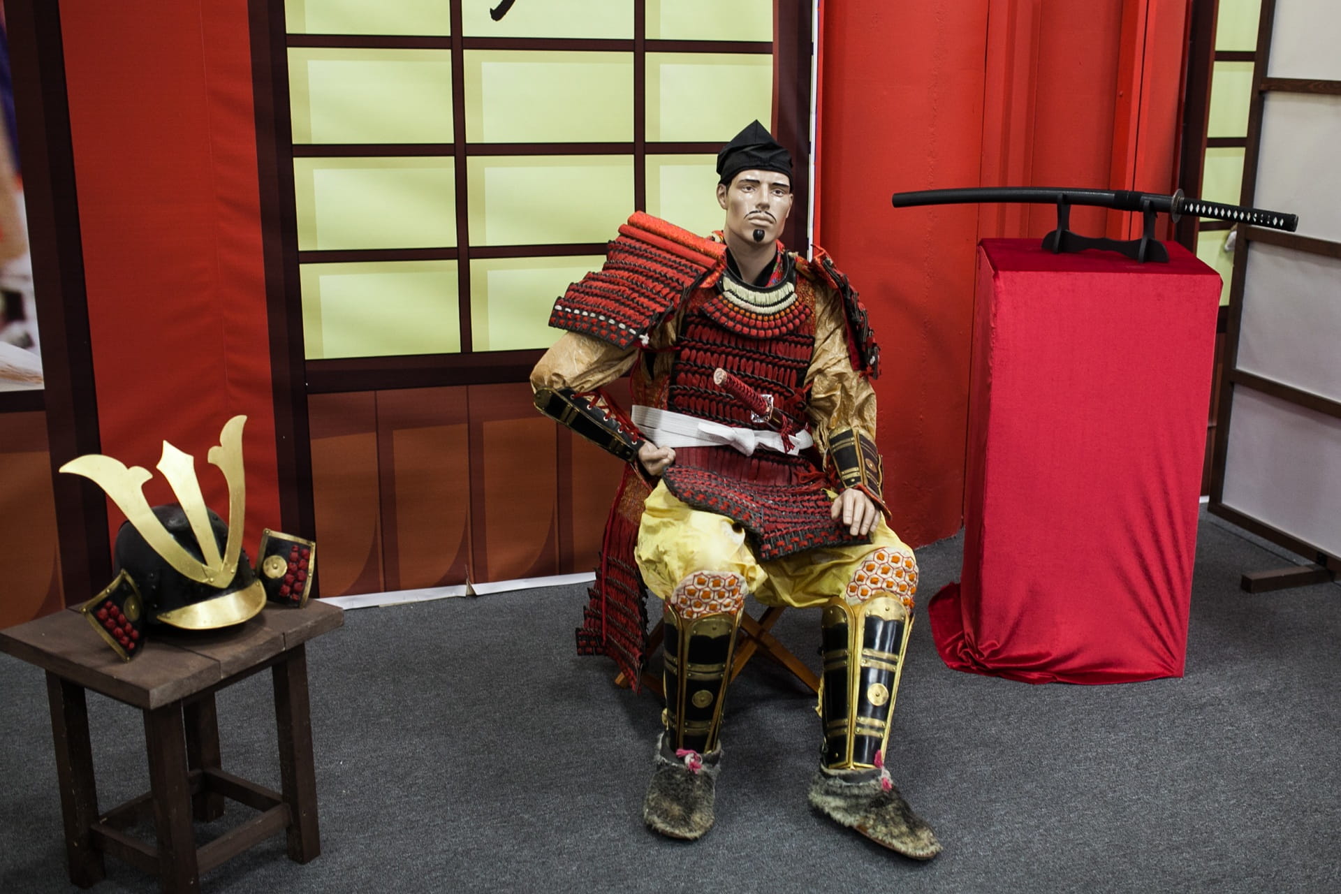 red, armor, lifestyles, full length, only men, looking at camera, sitting, armchair, 1080P, relaxation, Helmet, young adult, Japan, one man only, seat, HD Wallpaper