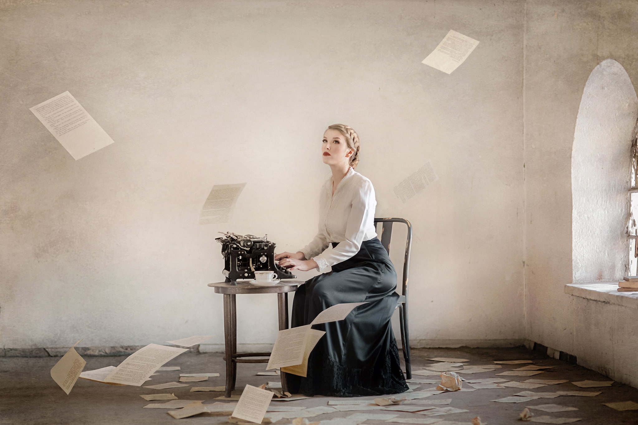 model, paper, 1080P, women, typewriters, HD Wallpaper