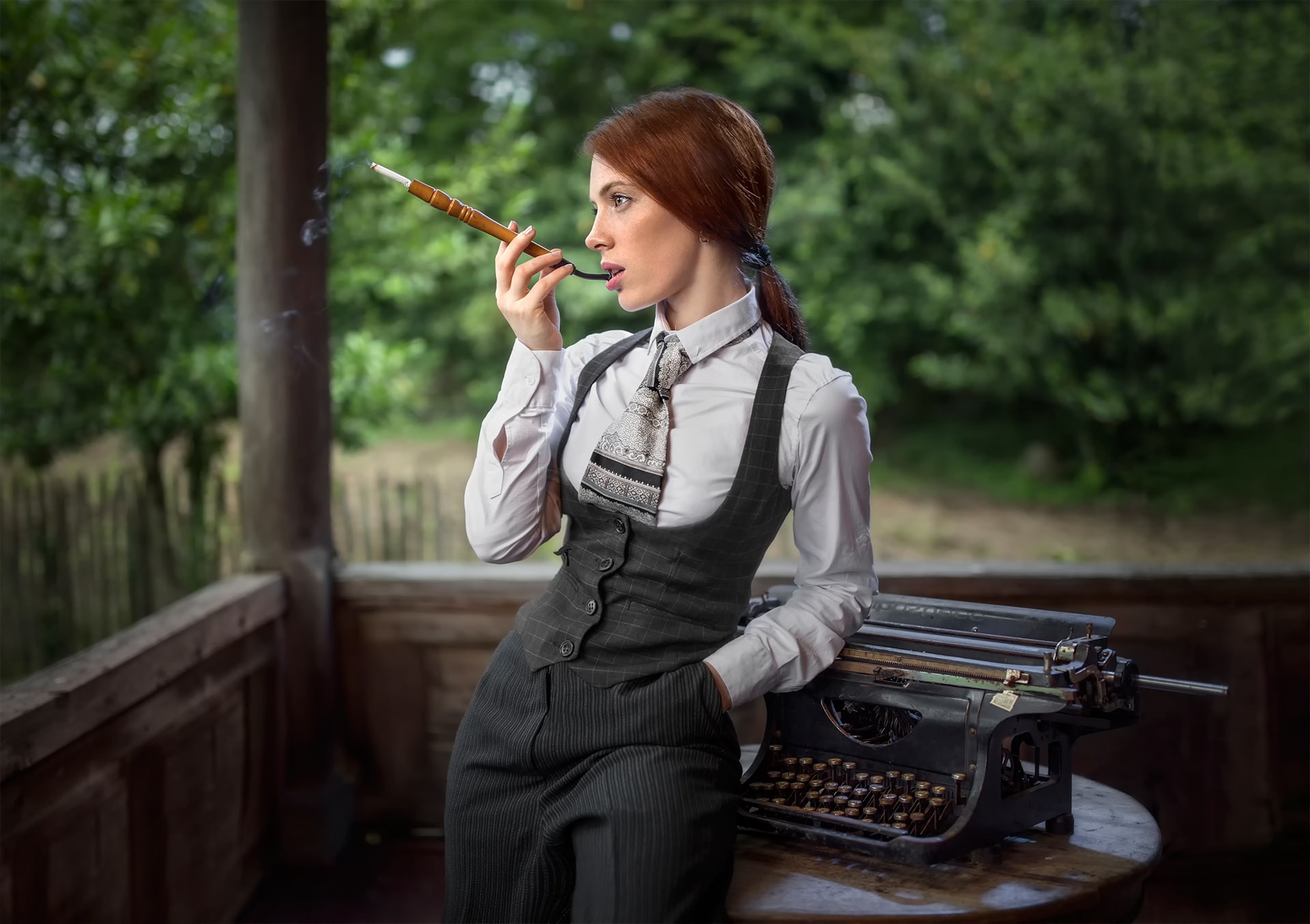 women, smoking, profile, typewriters, 1080P, redhead, HD Wallpaper