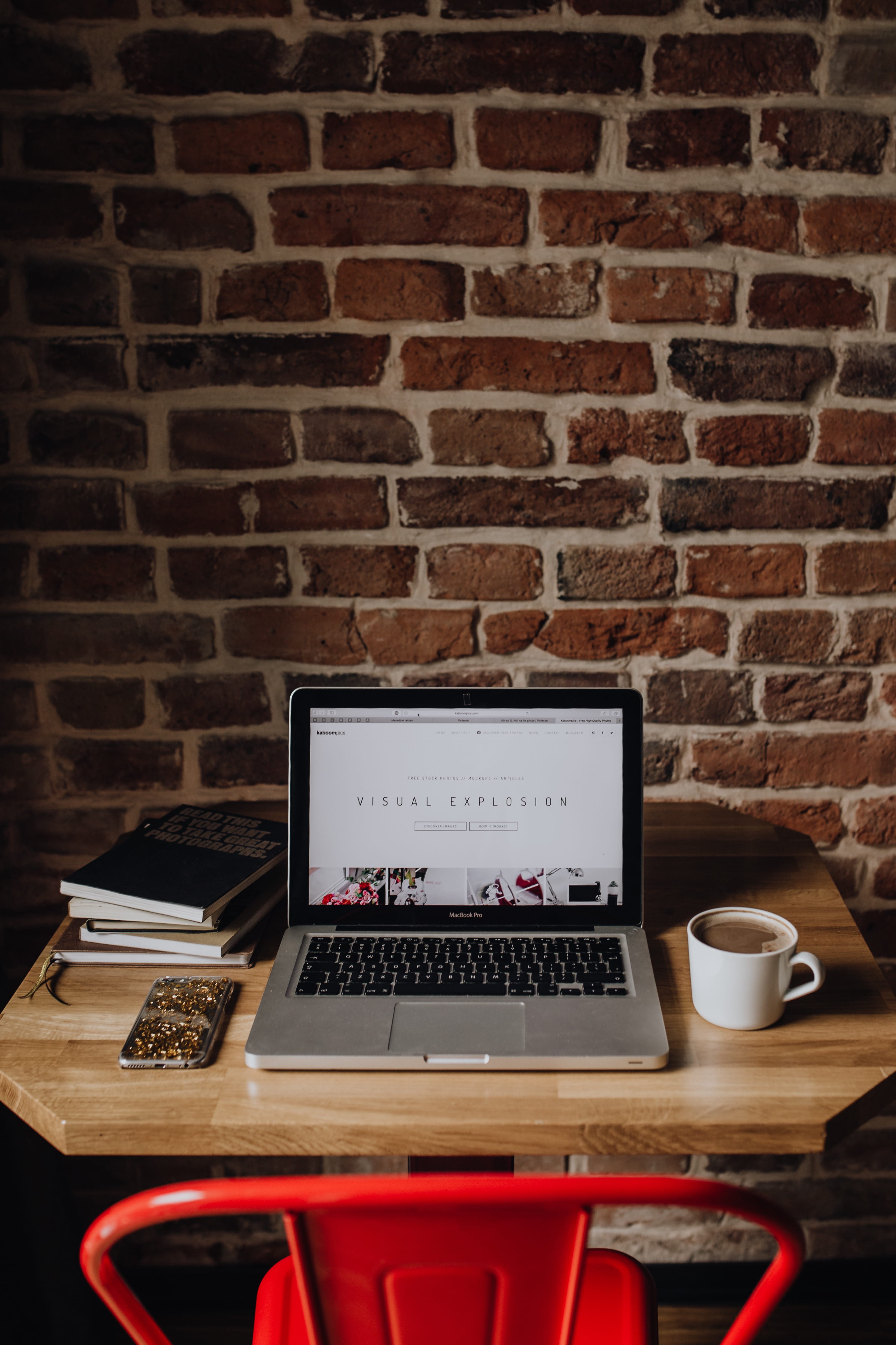 workspace, brick, home office, technology, chair, desk, food and drink, office, indoors, coffee - drink, mug, loft, wall, books, macbook, front, camera, Phone HD Wallpaper