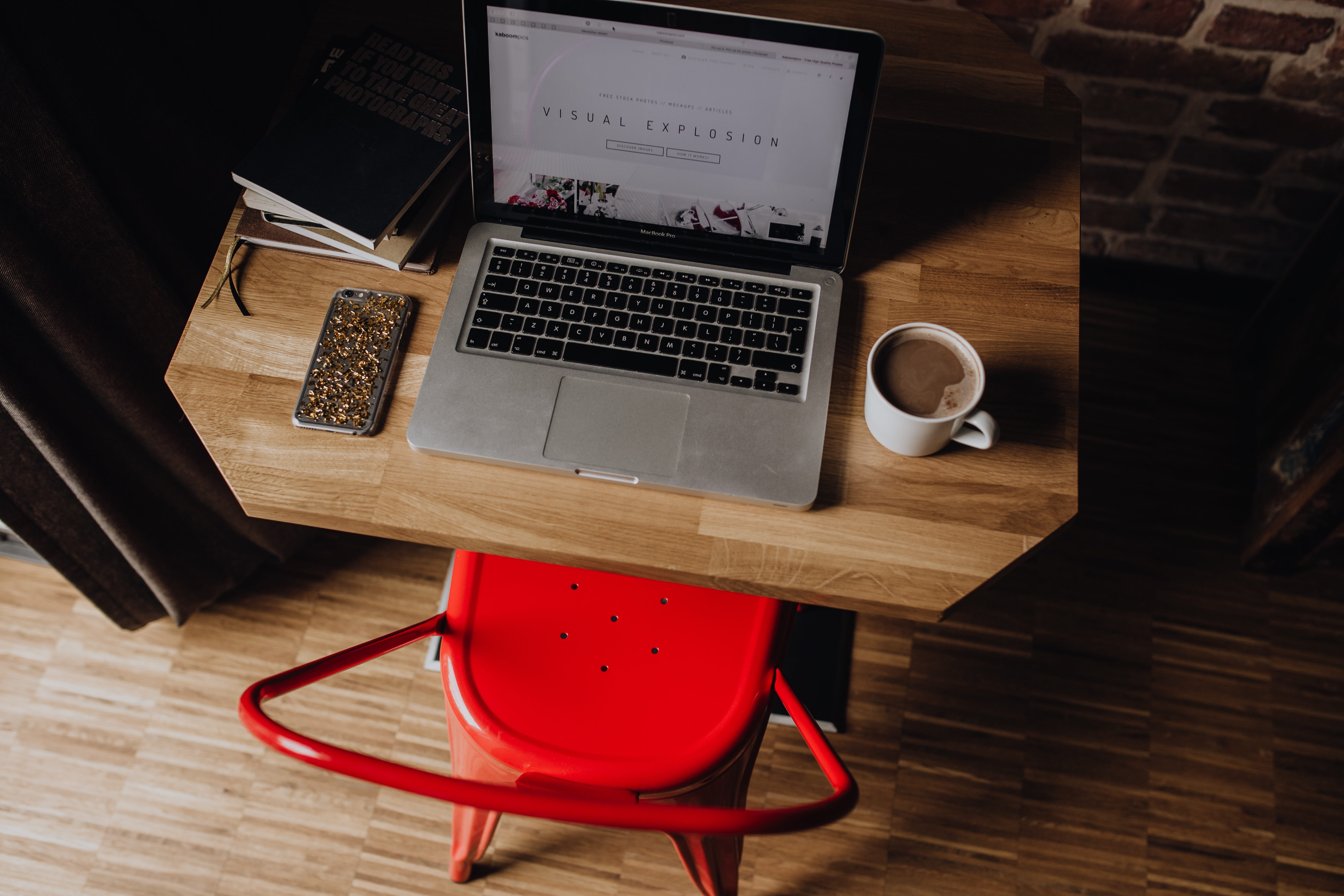 coffee - drink, books, no people, coffee, loft, front, connection, computer, mug, keyboard, camera, journals, communication, work, macbook, red chair, brick, HD Wallpaper