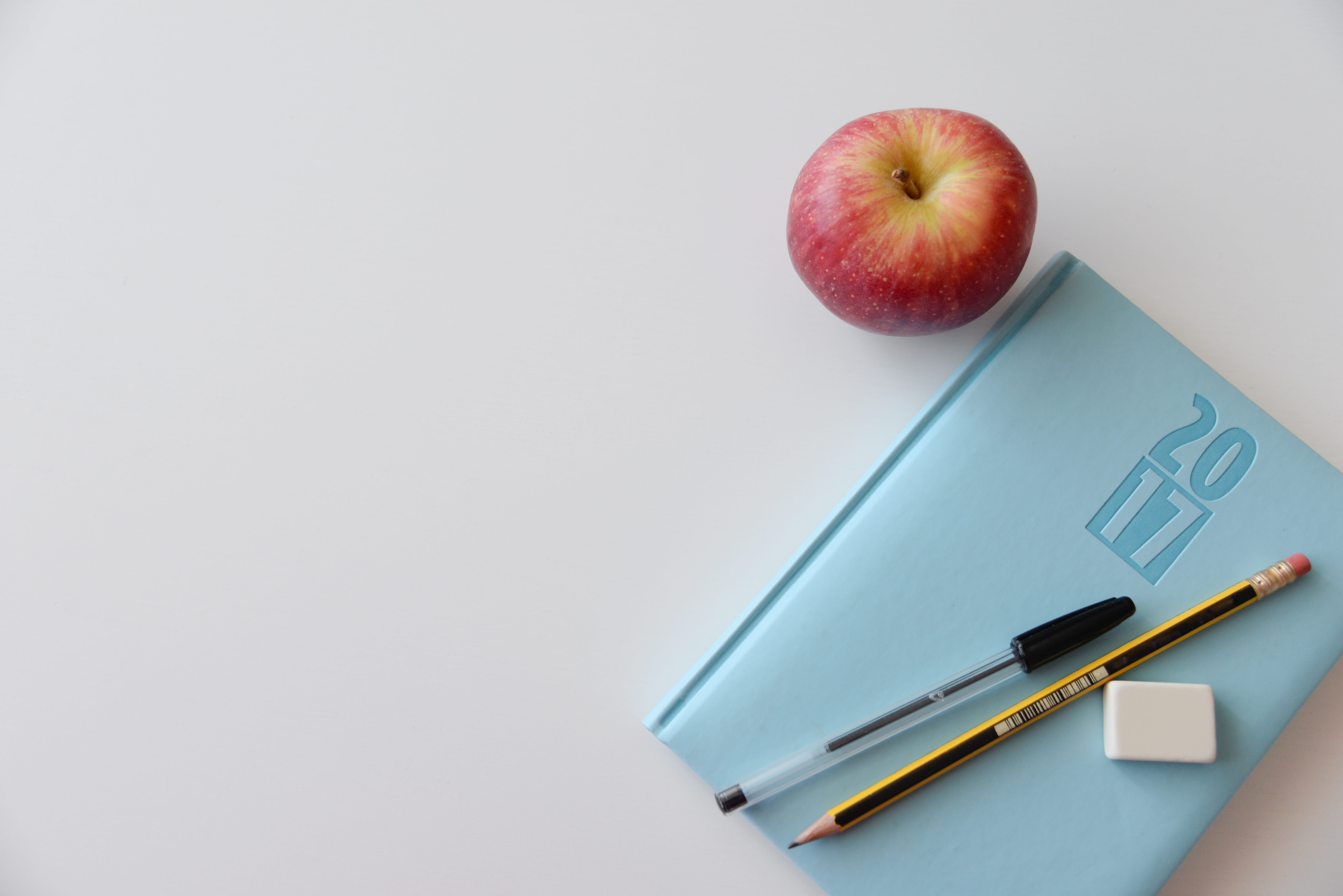 food and drink, high angle shot, blank, studio shot, copy space, note pad, white background, healthy eating, diary, eraser, notebook, page, calendar, 5K, HD Wallpaper