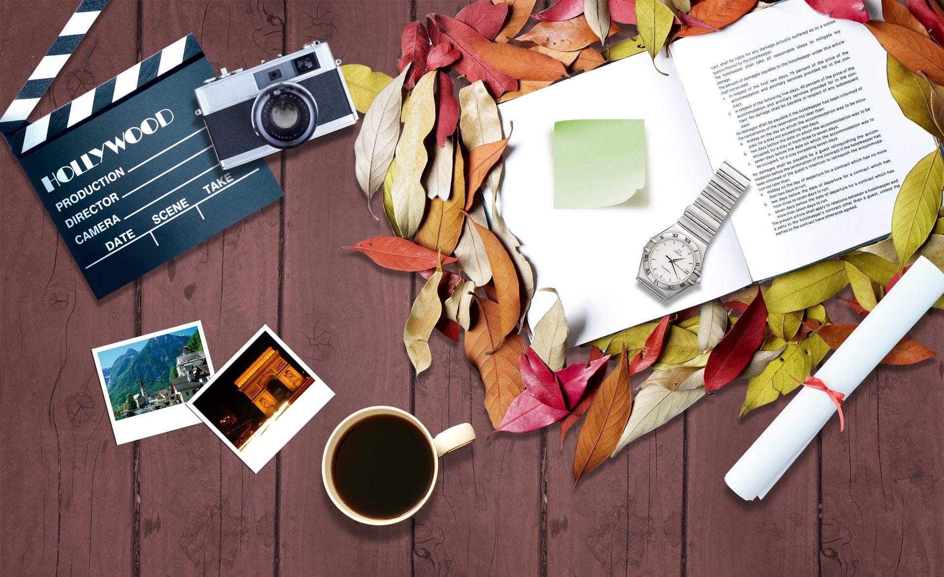 1080P, large group of objects, Photoshop, art and craft, still life, watch, link, food, no people, bracelet, tea, Aero, leaf, Desk, colored, cup, food and drink, HD Wallpaper