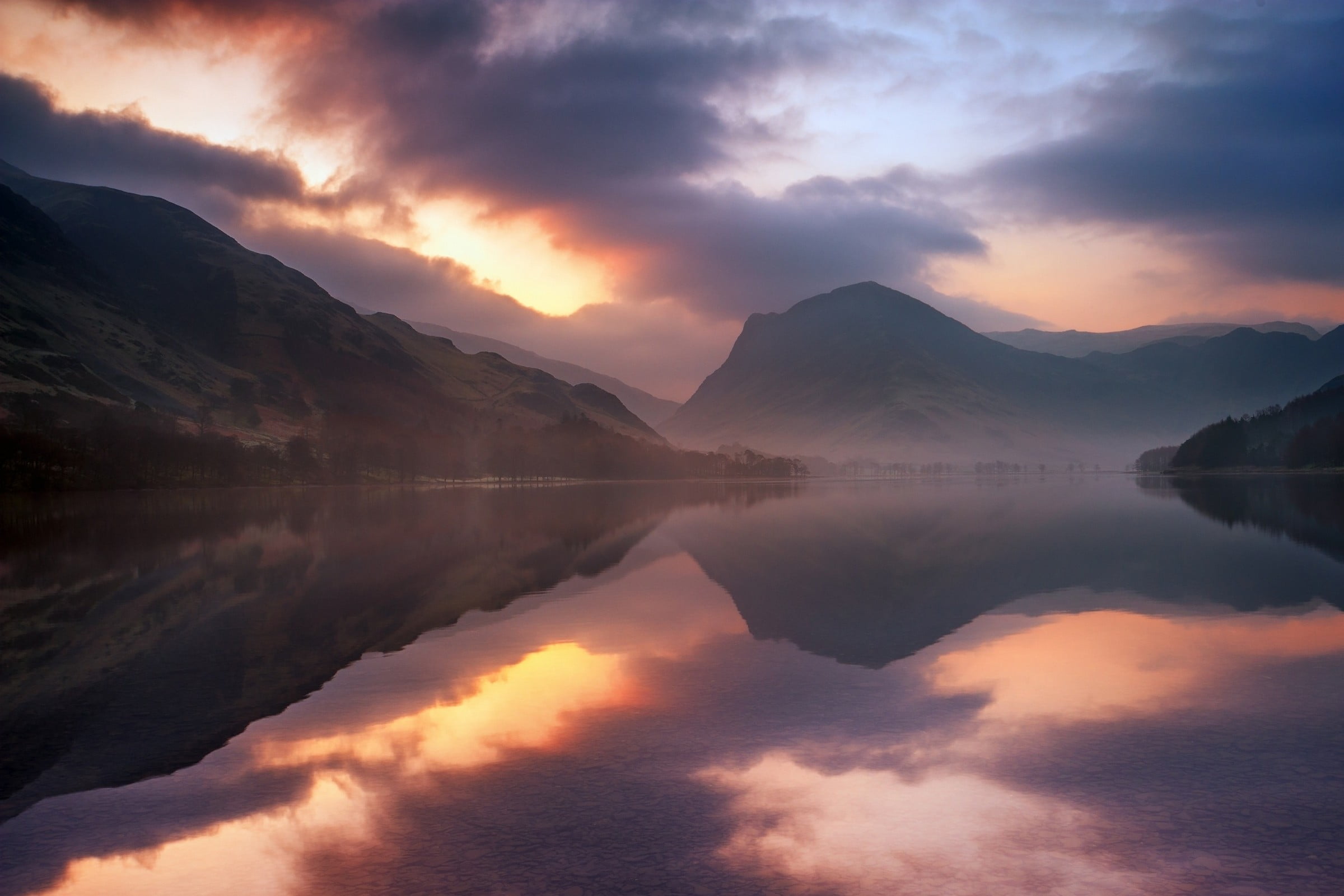 UK, winter, non-urban scene, nature, beauty in nature, 1080P, man, symmetry, lake, landscape, clouds, s, reflection lake, black, scenics - nature, crew, HD Wallpaper