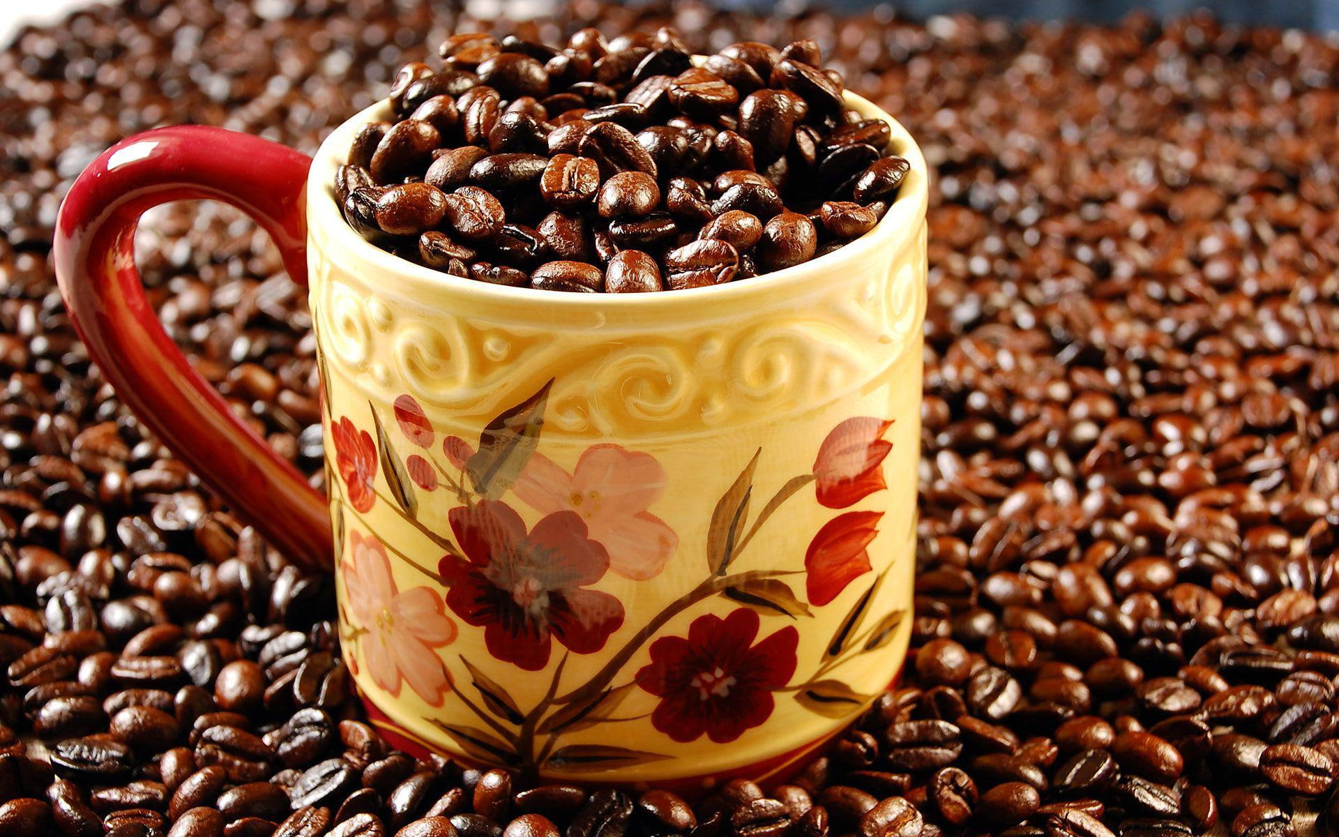 coffee, cup, 1920x1200, photography, floral, beans, 1080P, beige, ceramic, bean, mug, HD Wallpaper