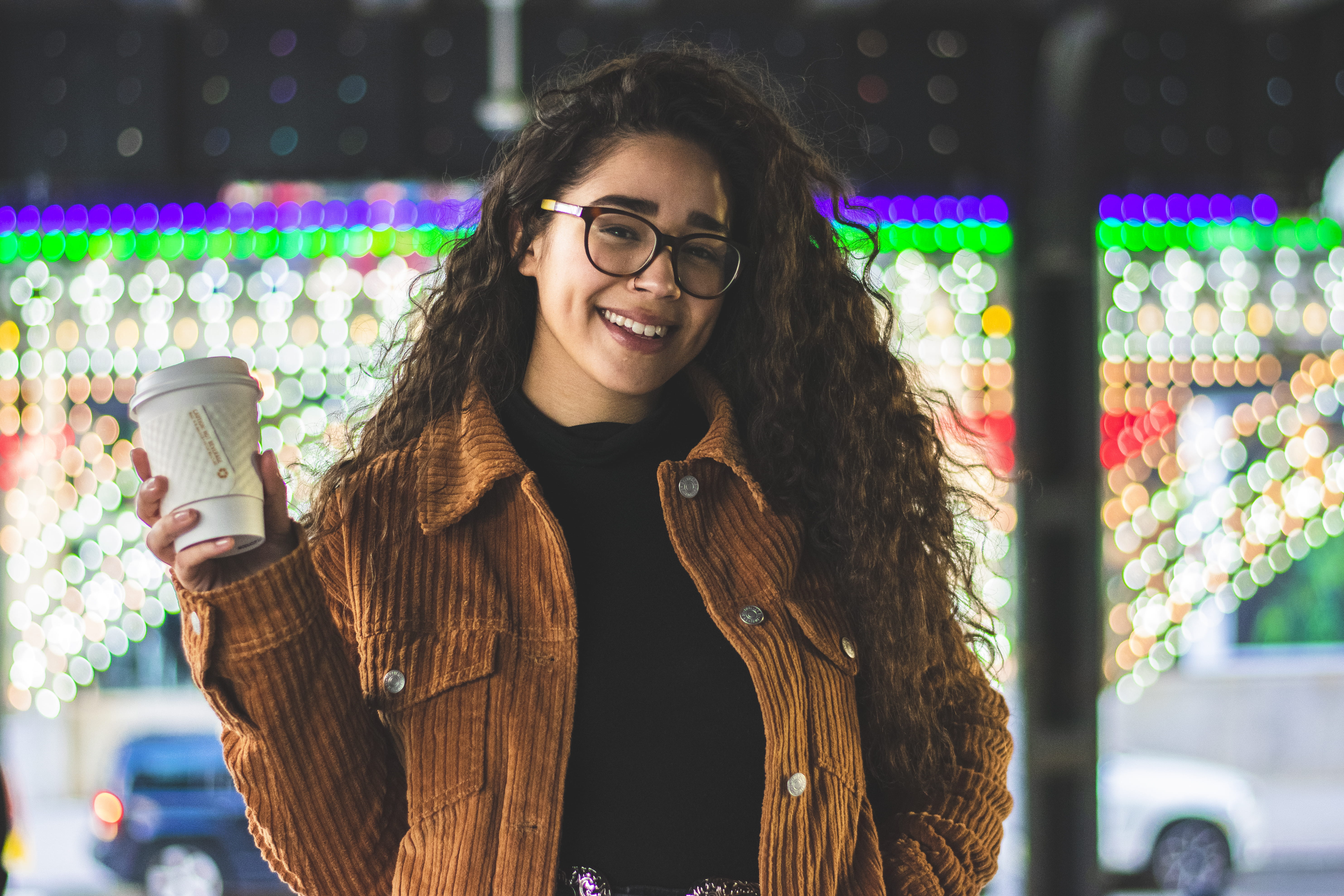 lady, lights, looking, cup, wear, jacket, woman, pretty, young adult, real people, lifestyles, young women, photo, long hair, paper cup, portrait, beautiful, HD Wallpaper