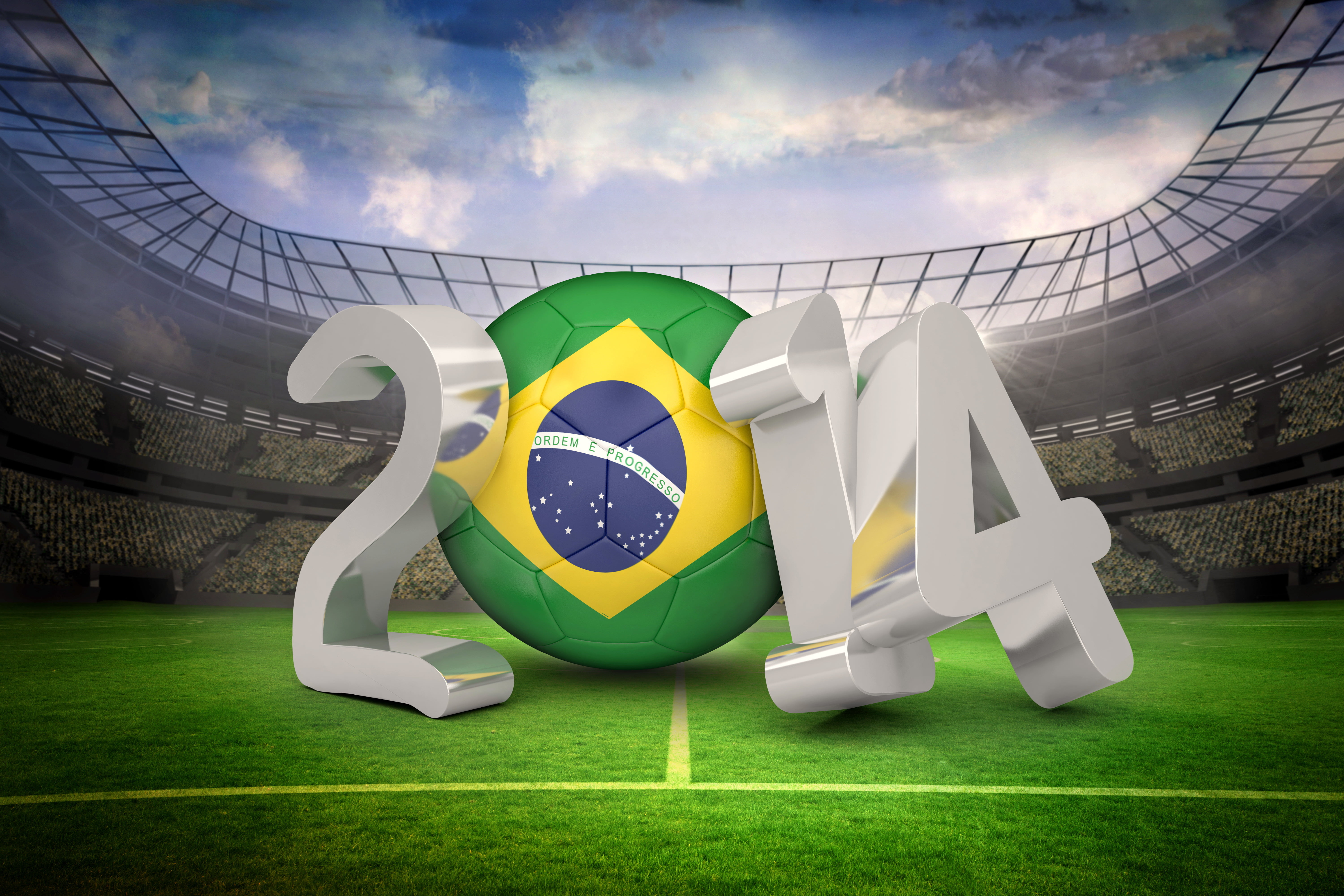 built structure, field, cloud - sky, Brasil, text, World Cup, football, 2014, sport, stadium, 5K, brazil, flag, land, nature, day, sky, FIFA, no people, HD Wallpaper
