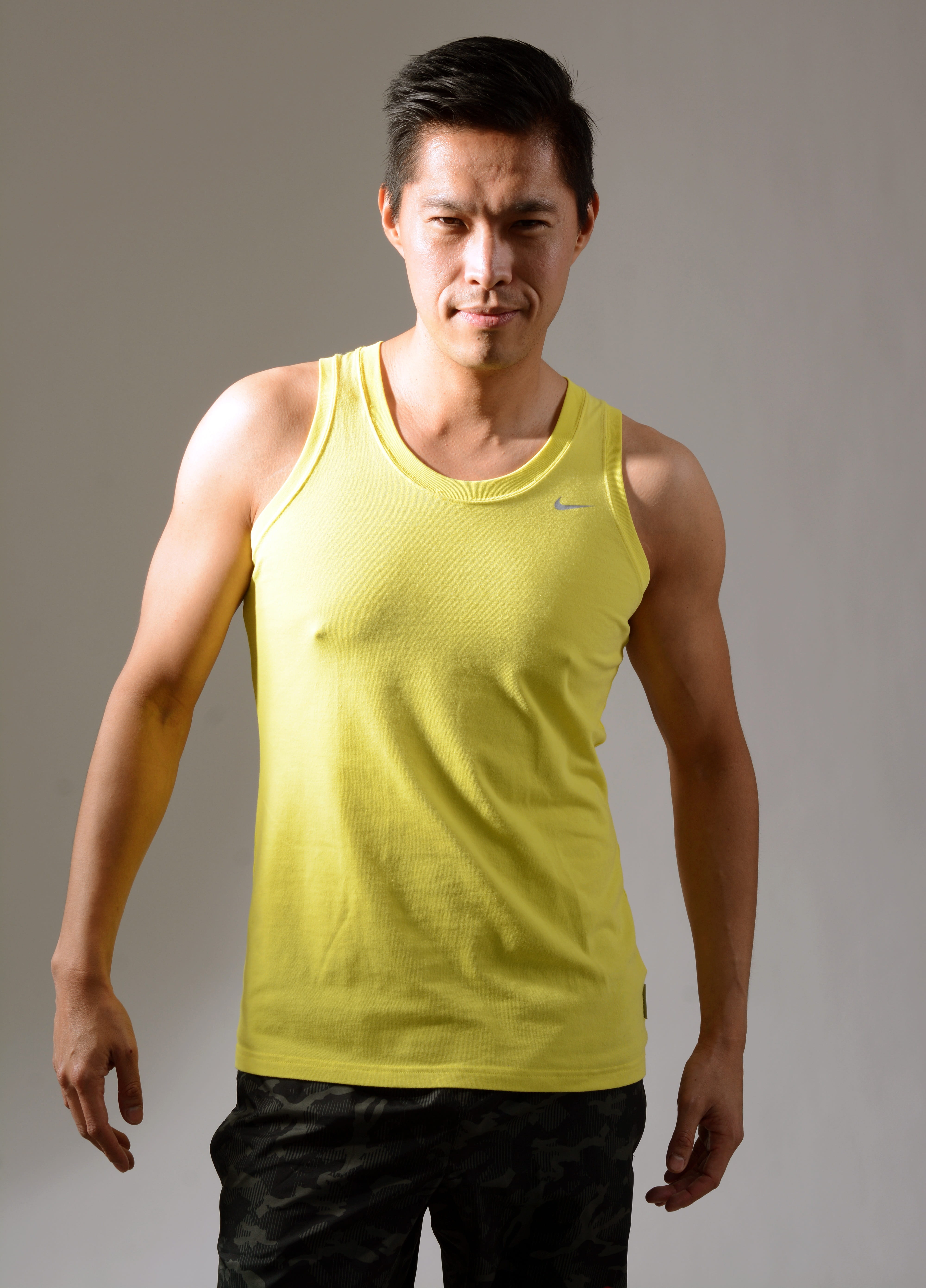 adult, body man, mid adult, young men, fitness, asian american, shorts, exercise, sport, yellow, face man, tank top, pilates, shirtless, three quarter length, Phone HD Wallpaper