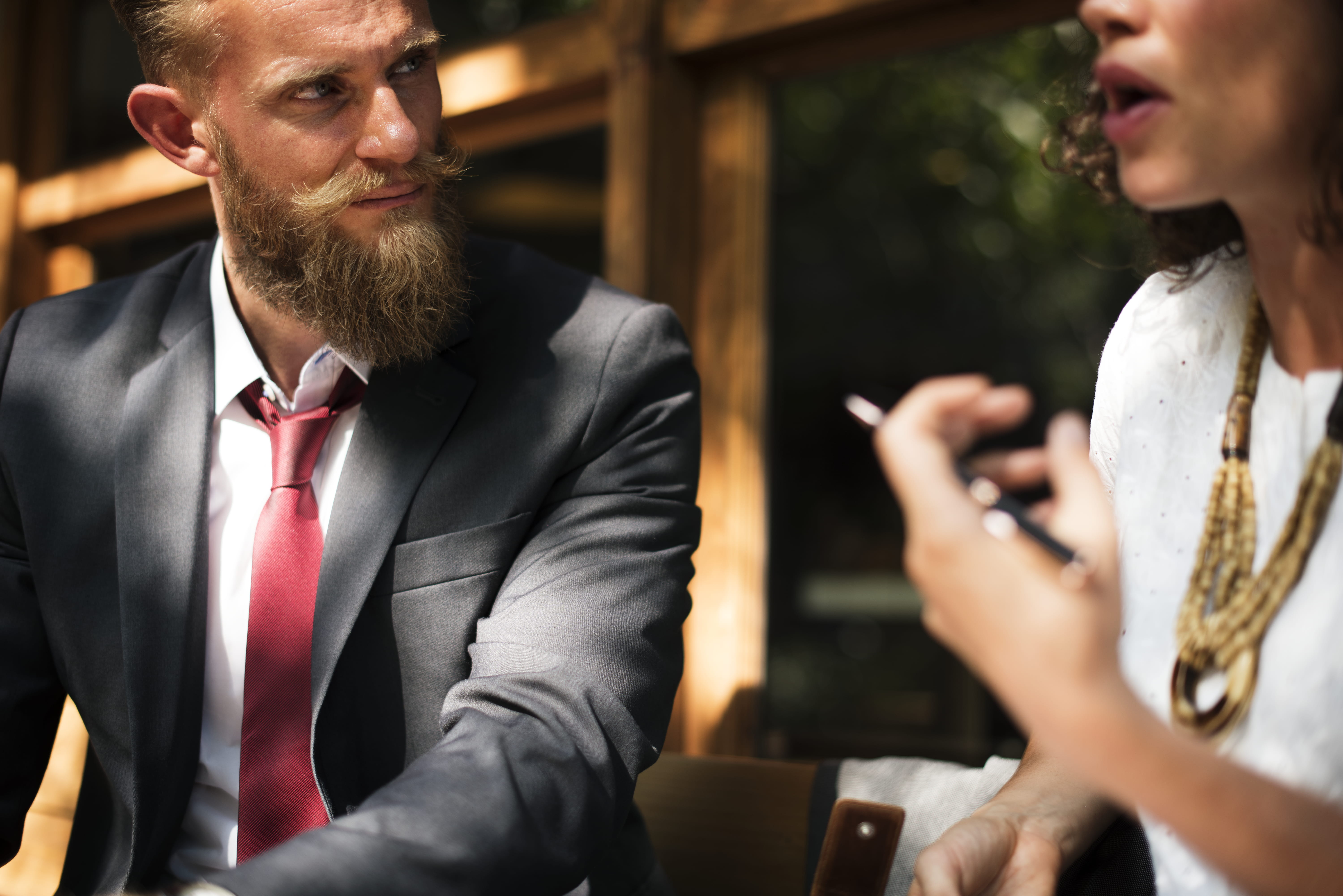 businesswoman, smiling, happiness, corporate attire, talking, professional, business, mature men, fine-looking, suit, real people, 5K, blur, serious, man, HD Wallpaper