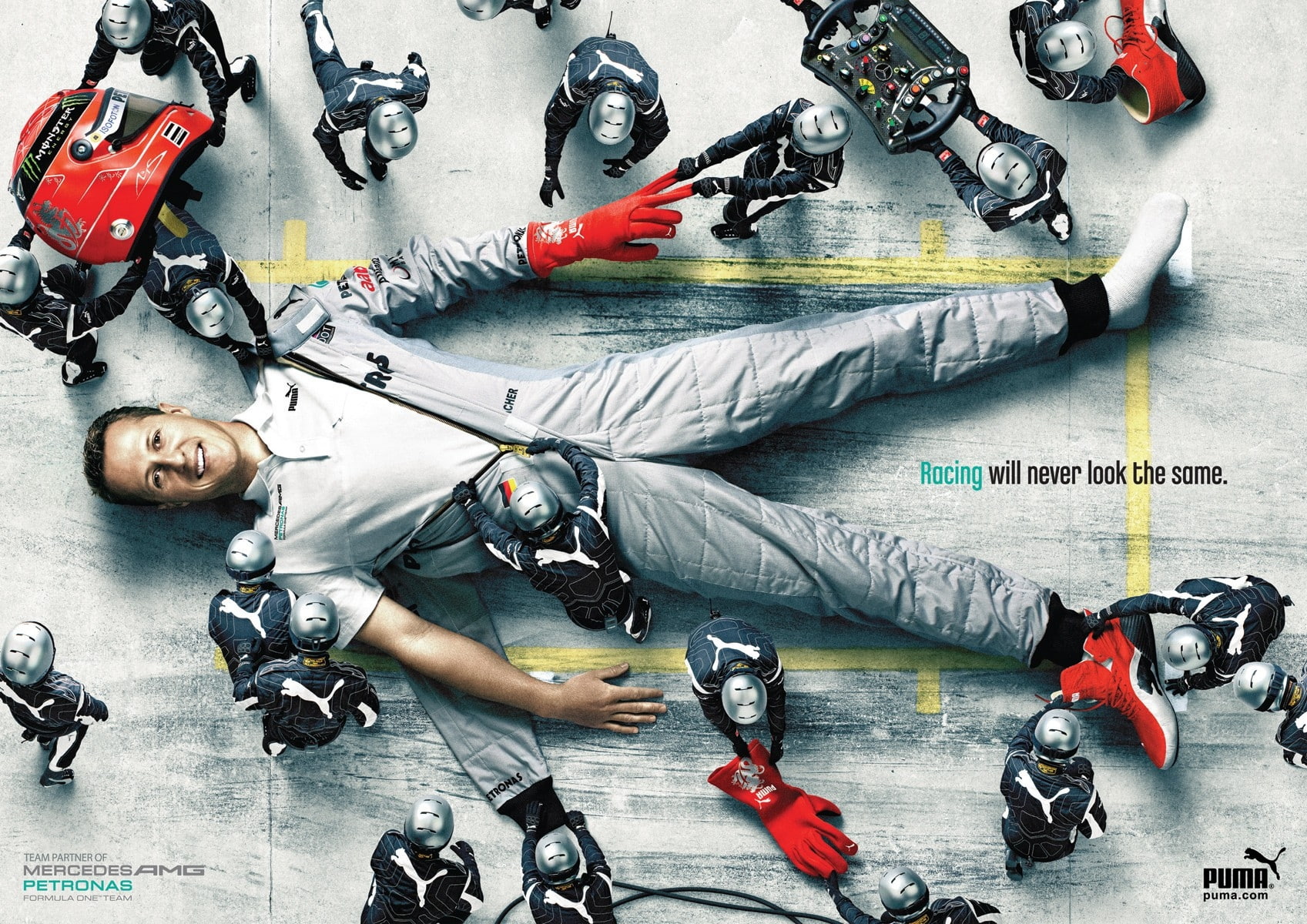 ad, puma, formula, racing, funny, mercedes, art, creative, campaign, 720P, hd, benz, one, x, cars, HD Wallpaper
