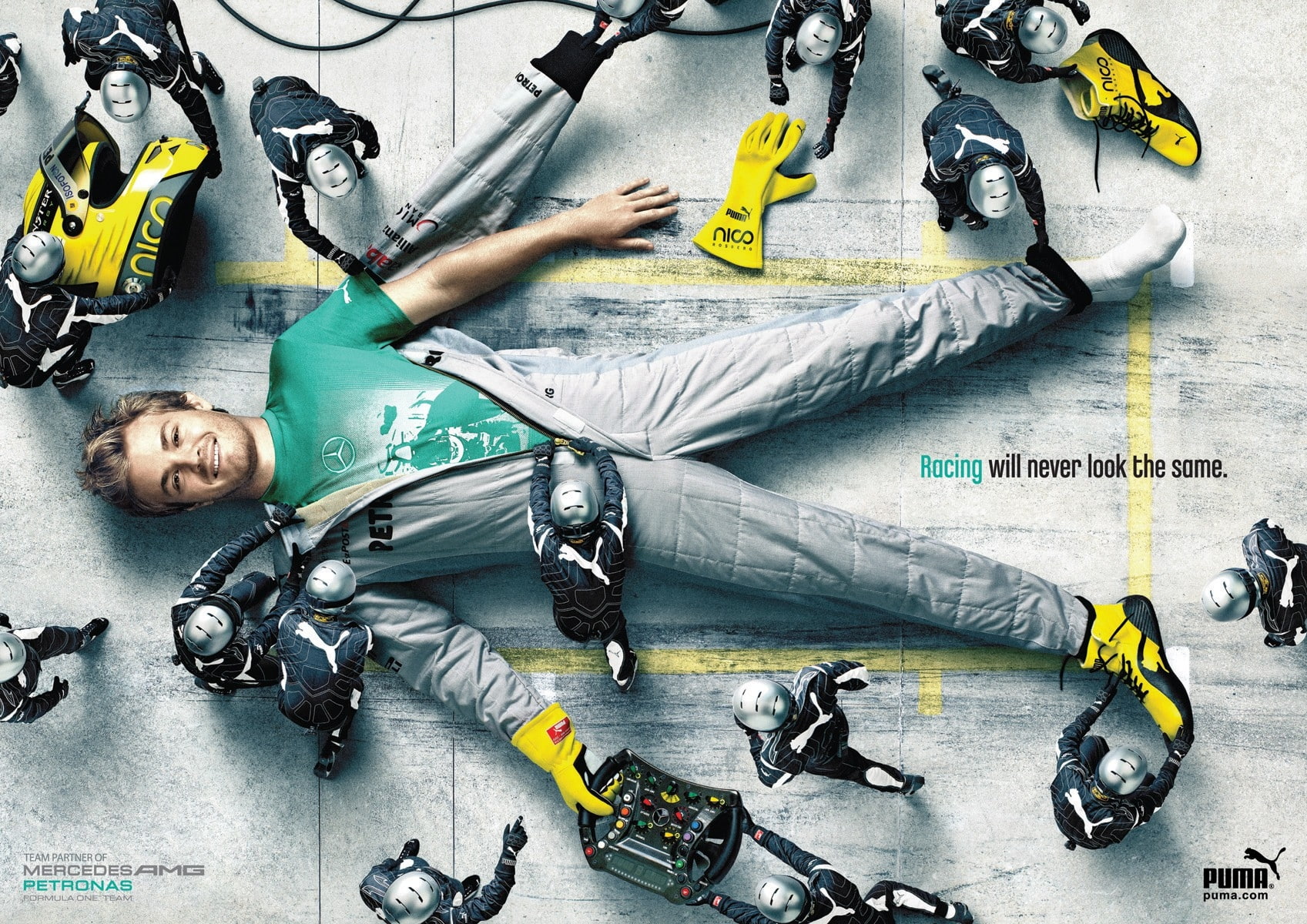 ad, hd, creative, one, cars, mercedesbenz, racing, formula, art, puma, 720P, campaign, x, funny, mercedes, HD Wallpaper