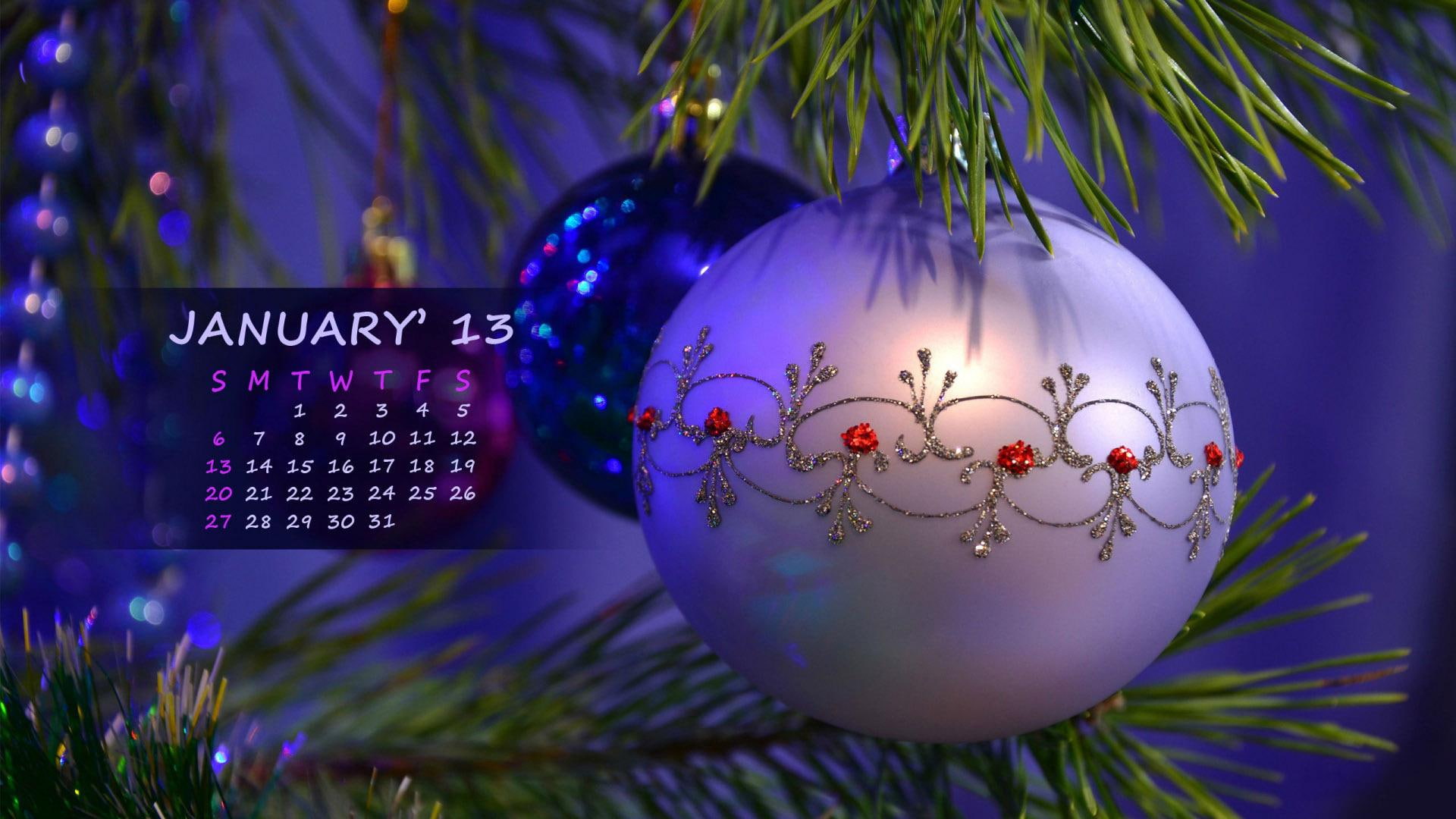 red, grey, digital art, calendar, 1920x1080, january, globe, bauble, 1080P, christmas, HD Wallpaper