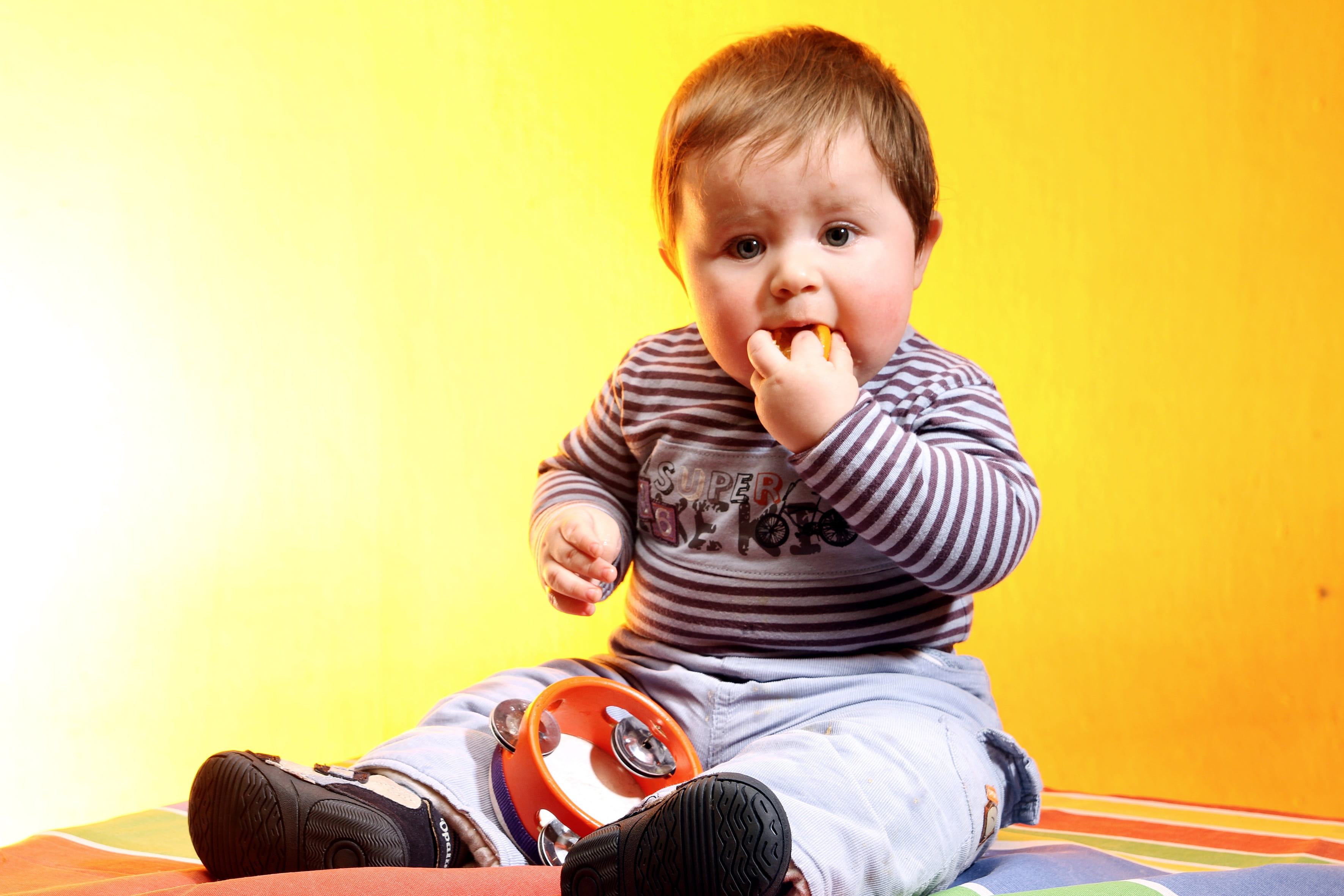 positive emotion, innocence, sitting, indoors, son, 2K, striped, i am a student, colored background, studio shot, childhood, looking at camera, boys, three quarter length, HD Wallpaper